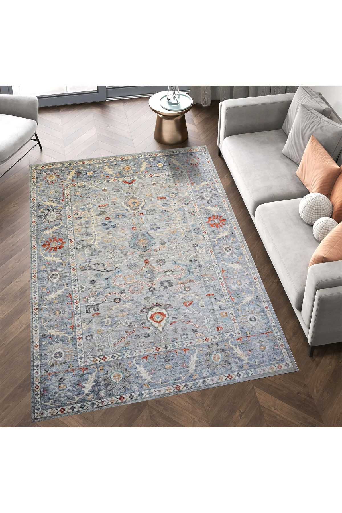 Mete Koleksiyonu Mavi Gri Tonlar Geleneksel Motif ve Çiçek Desenli Vintage Dekoratif Halı 37