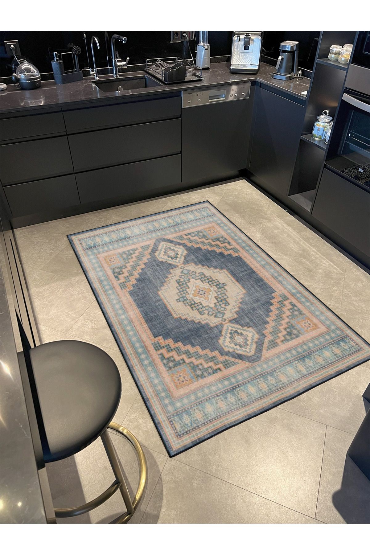 Geometrik Turuncu Yıldız Desenli Yıkanabilir Dokuma Taban ve Dekoratif Halı miravip8079
