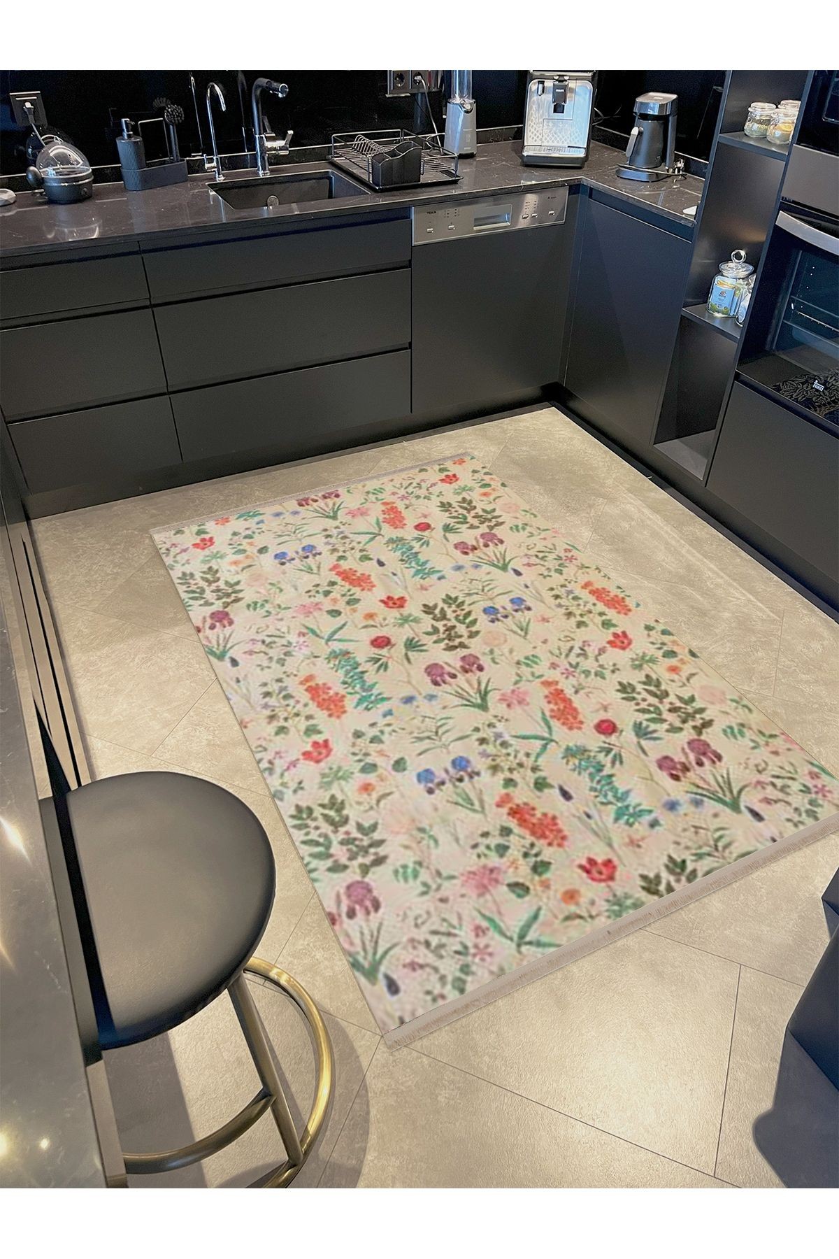 Kemal Koleksiyonu Çok Renkli Floral Çiçek Motifleri Desenli Dokuma Taban Modern Dekoratif Halı 01