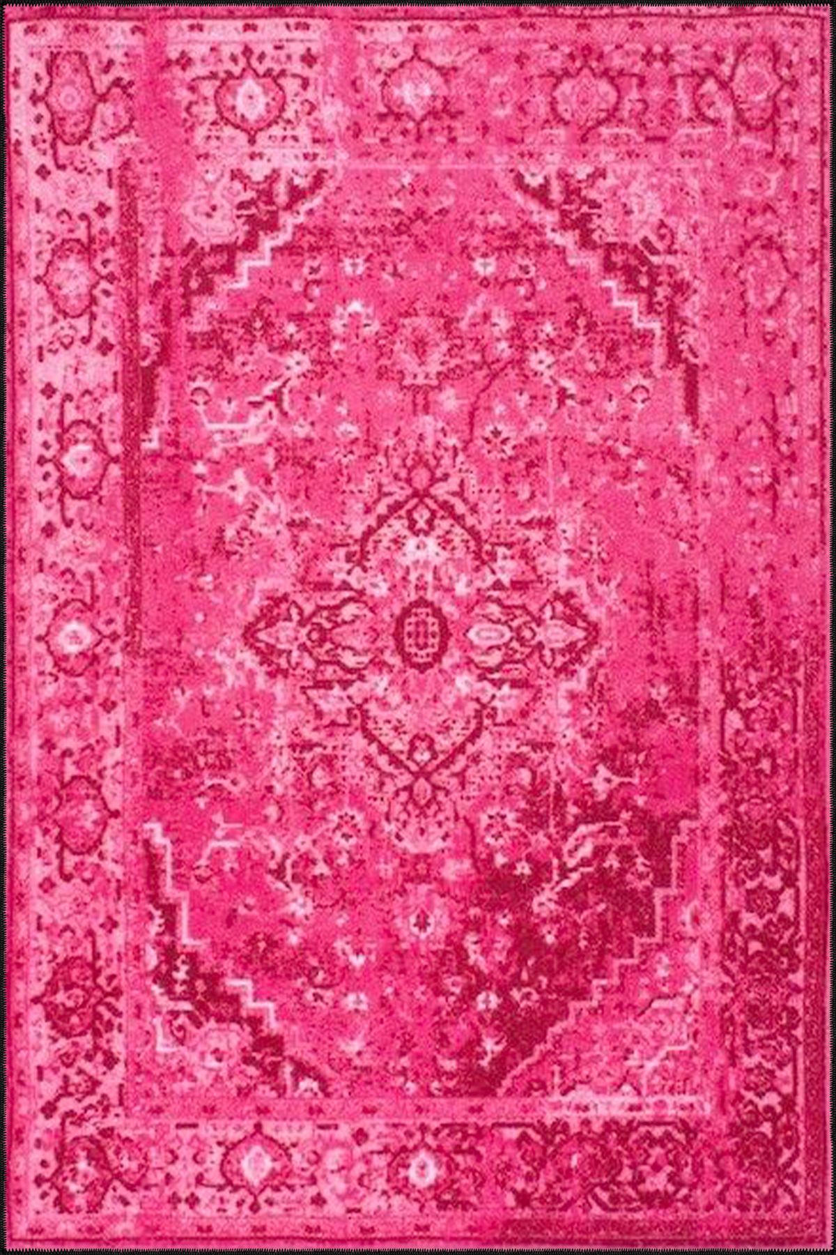 Pembe Geleneksel Çiçekli Bordürlü Temalı Desenli Dokuma Taban Halı ve Yıkanabilir Halı aloha192