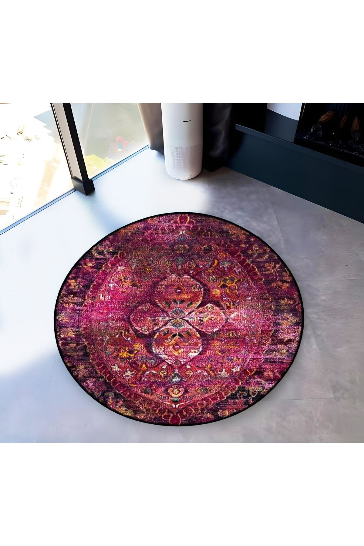Mor Tonlar Geleneksel Motif Desenli Yuvarlak Dokuma Taban Vintage Dekoratif Halı 6173