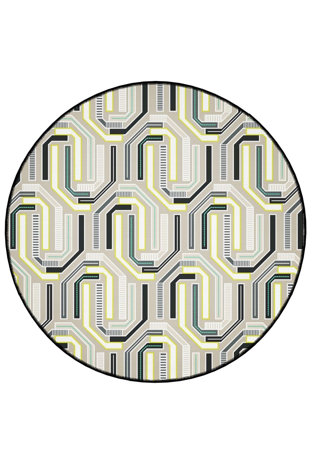 Açık Ton Geometrik Desenli Yuvarlak Dokuma Taban Modern Dekoratif Halı 6082
