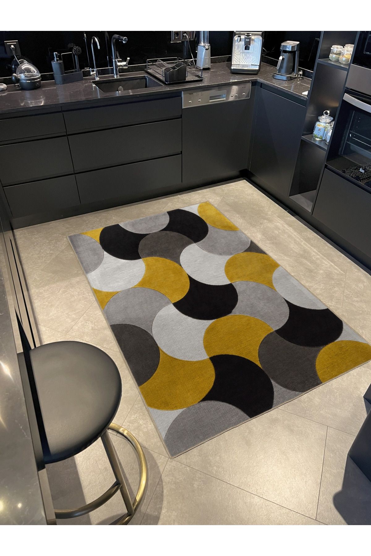 Sarı Gri Temalı Daire Geometrik Desenli Kreatif Modern Dekoratif Halı 3104