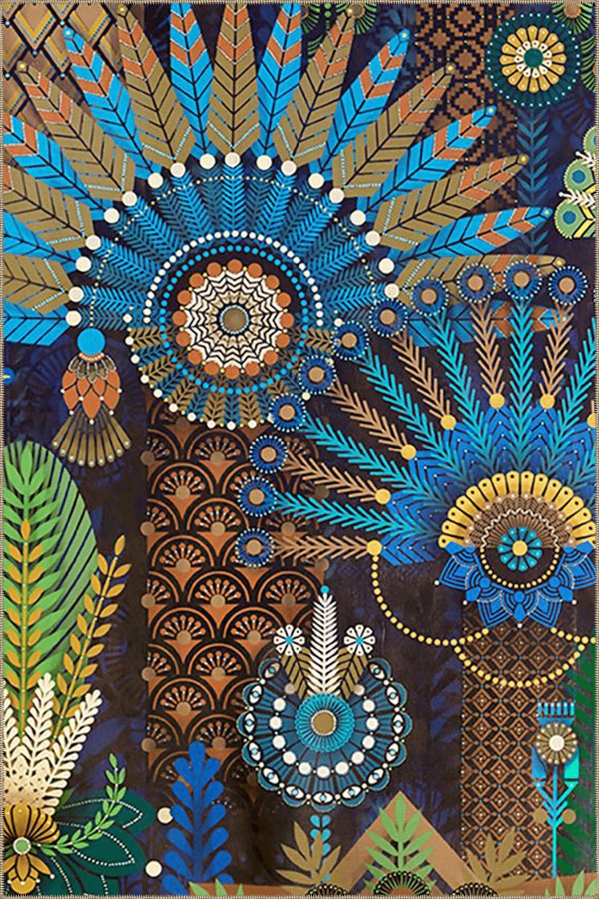 Floral Temalı Çok Renkli Etnik Figür ve Çiçek Desenli Vintage Dekoratif Halı 4860