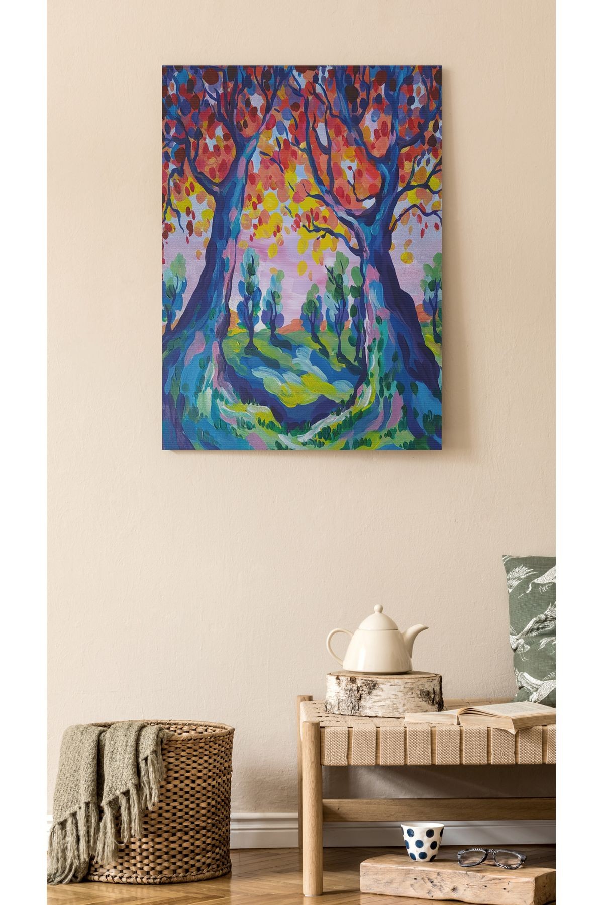 Kanvas Tablo Pastel Renkli Orman Ağaç Desenli Renkli Temalı Modern Tablo