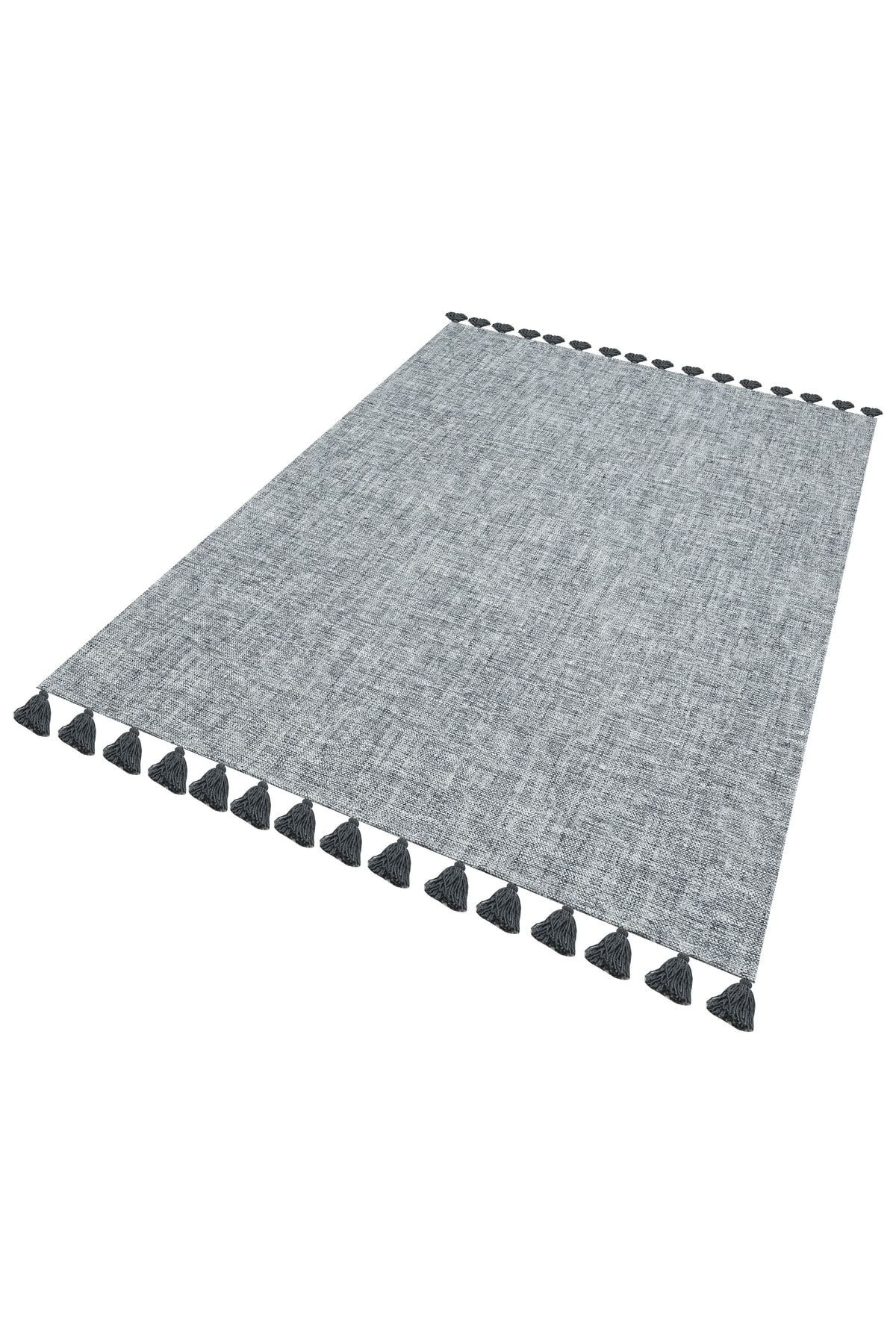 Moroccan 9008 Gri Hasır Görünüm Gri Püsküllü Modern Kilim