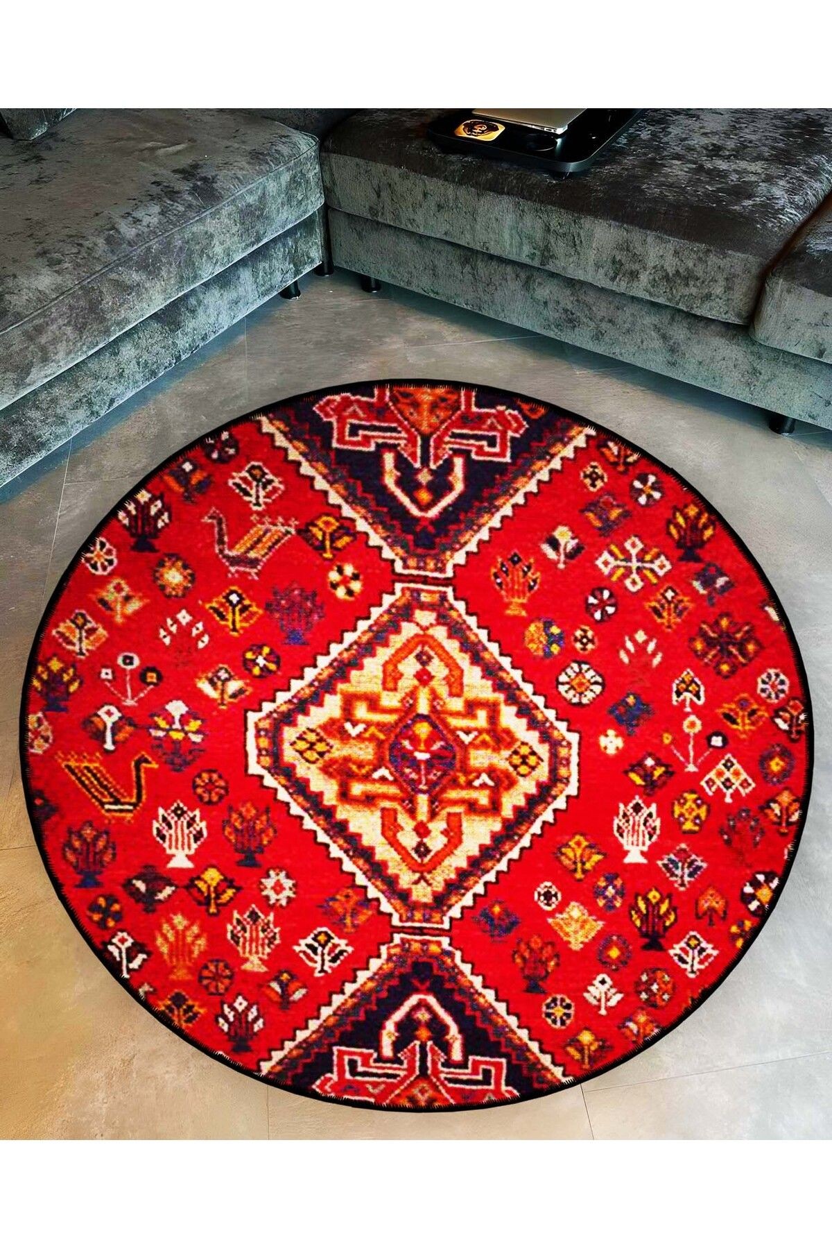 Kırmızı Temalı Etnik Motif Geleneksel Desenli Yuvarlak Dokuma Taban Vintage Dekoratif Halı 6228