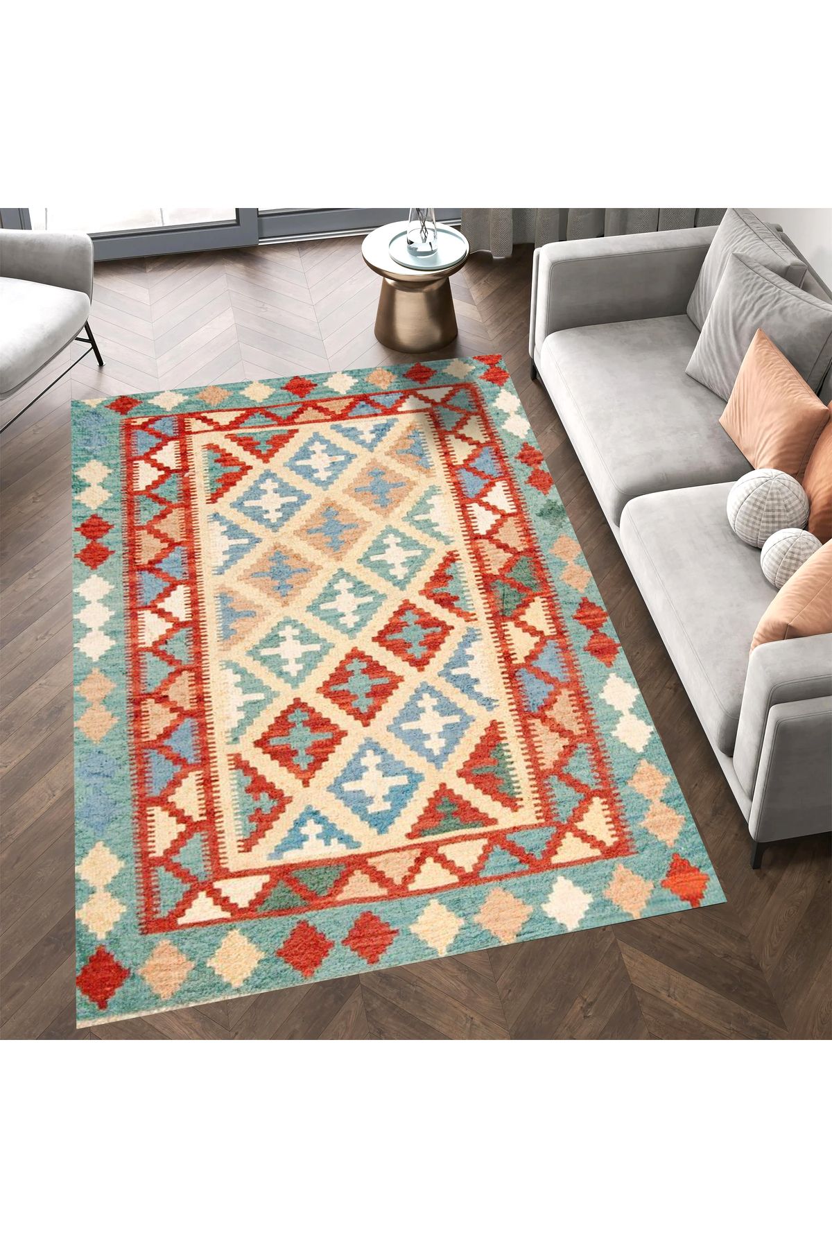 Aysu Koleksiyonu Mavi Bordür Detaylı Çok Renkli Etnik Desenli Dokuma Taban Dekoratif Halı aysu26