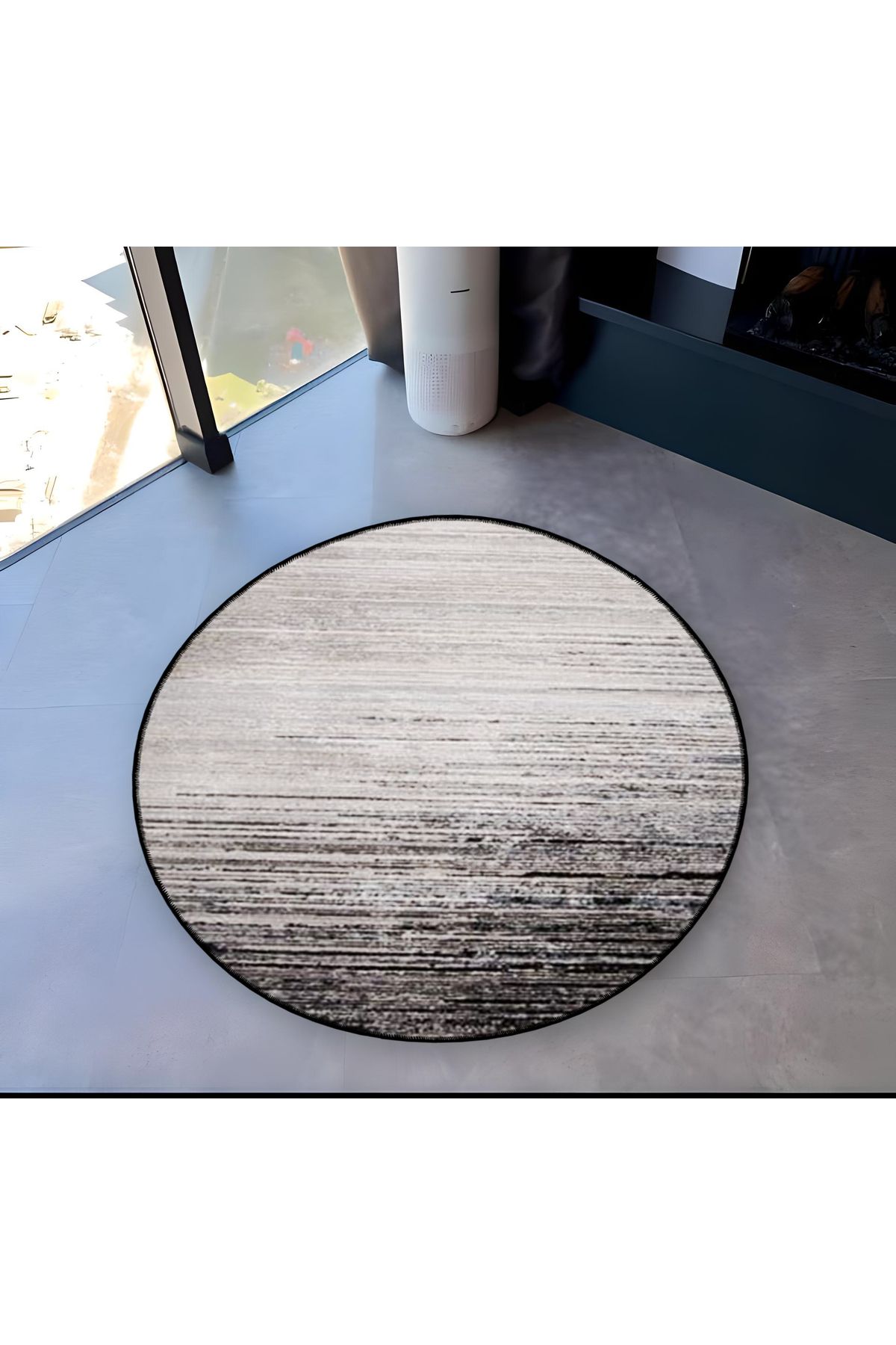 Mira Yuvarlak Beyaz Siyah Çizgi Detaylı Dokuma Taban Modern Dekoratif Halı 5592