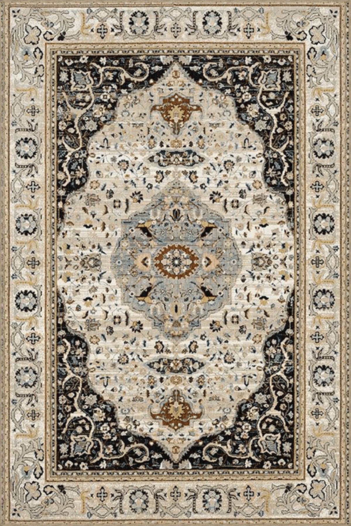 Bej Temalı Geleneksel Motif Çiçek Desenli Vintage Dekoratif Halı 4633