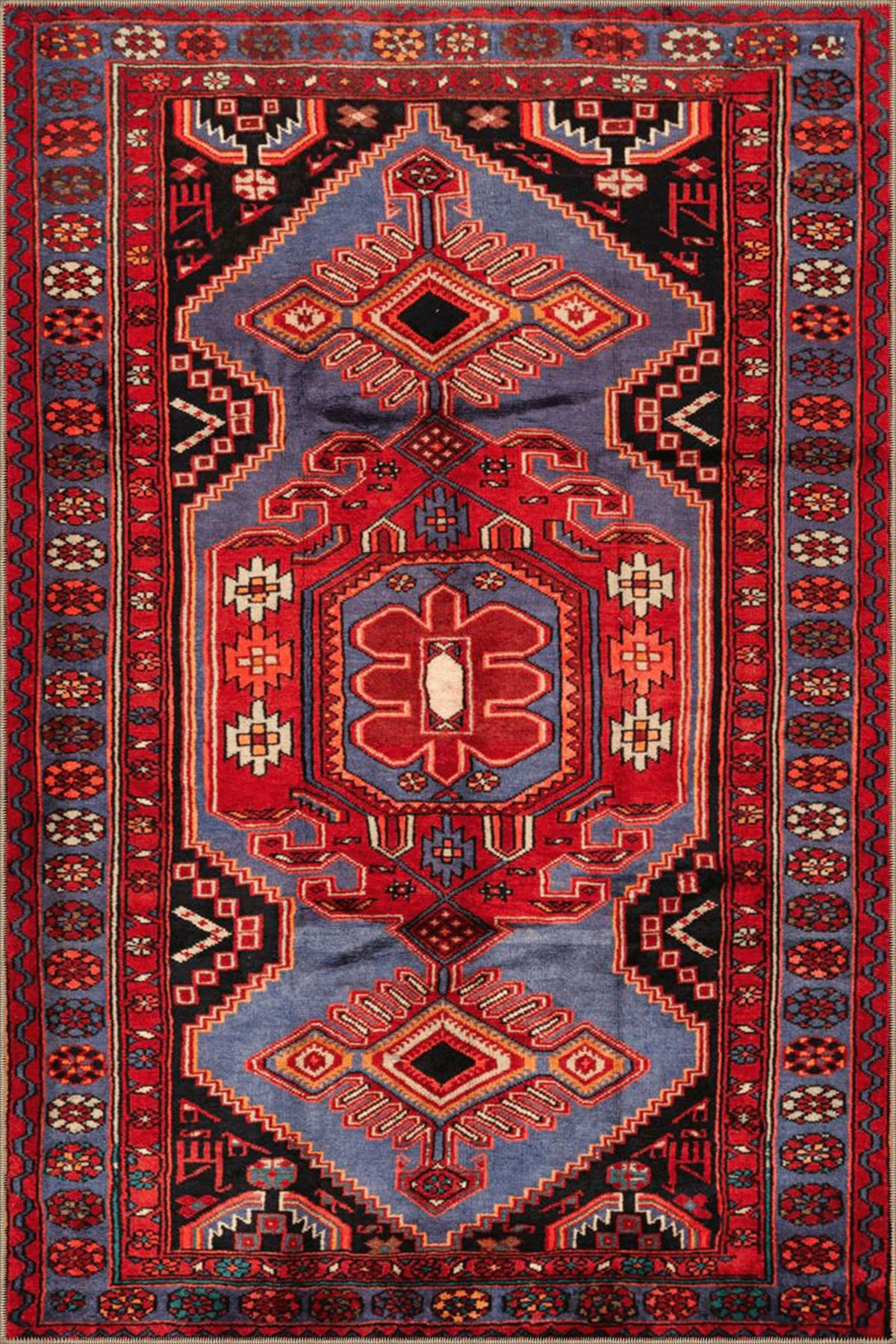 Mavi Kırmızı Temalı Motifli Etnik Desenli Vintage Dekoratif Halı 4785