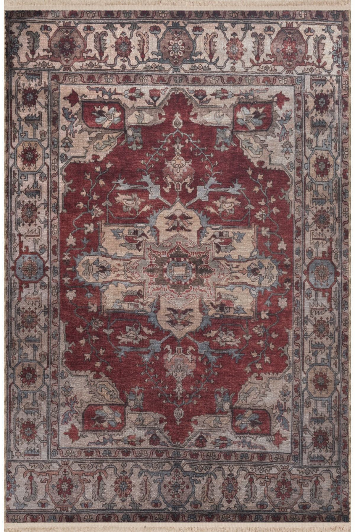 Bordo Temalı Geleneksel Motif Etnik Çiçek Desenli Kreatif Vintage Dekoratif Halı 2935