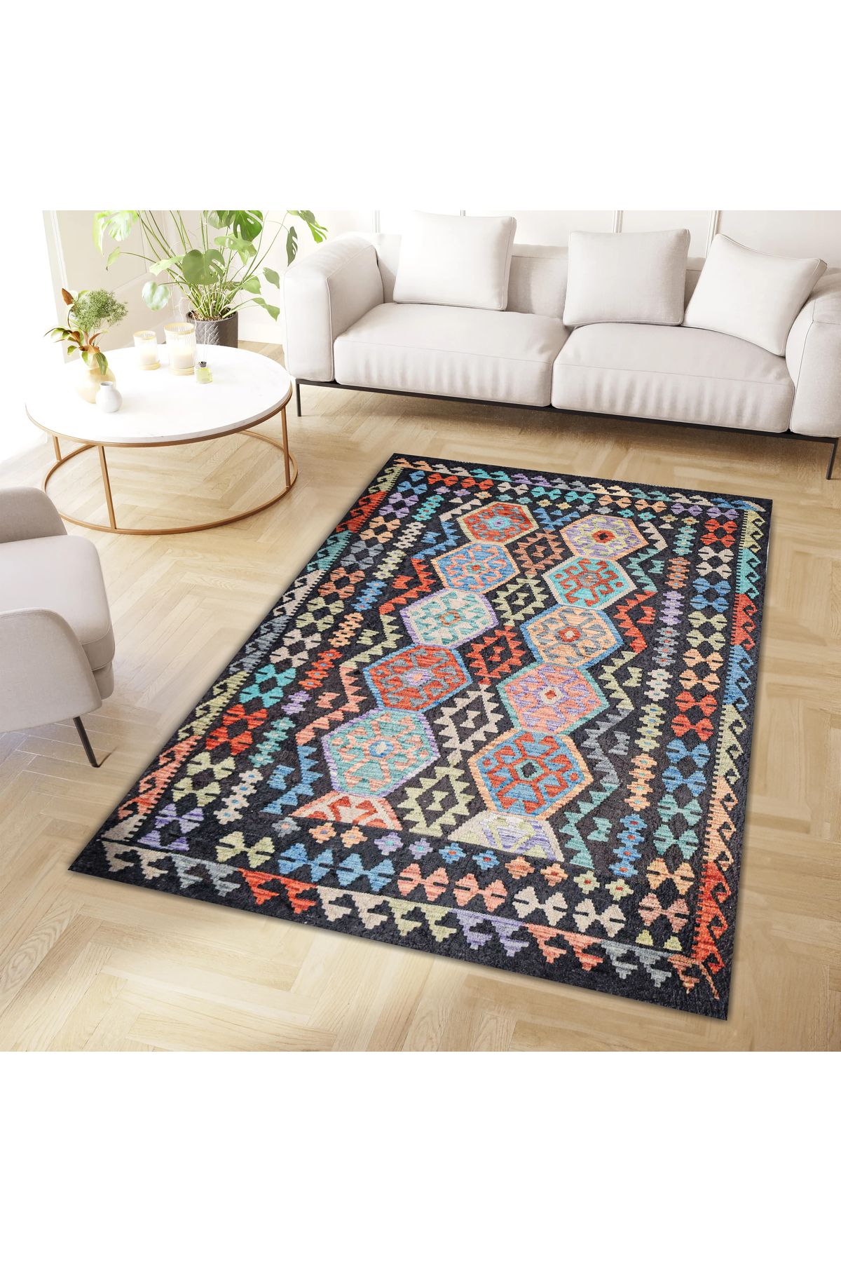 Mete Koleksiyonu Çok Renkli İskandinav Geometrik Detaylar Desenli Vintage Dekoratif Halı 47