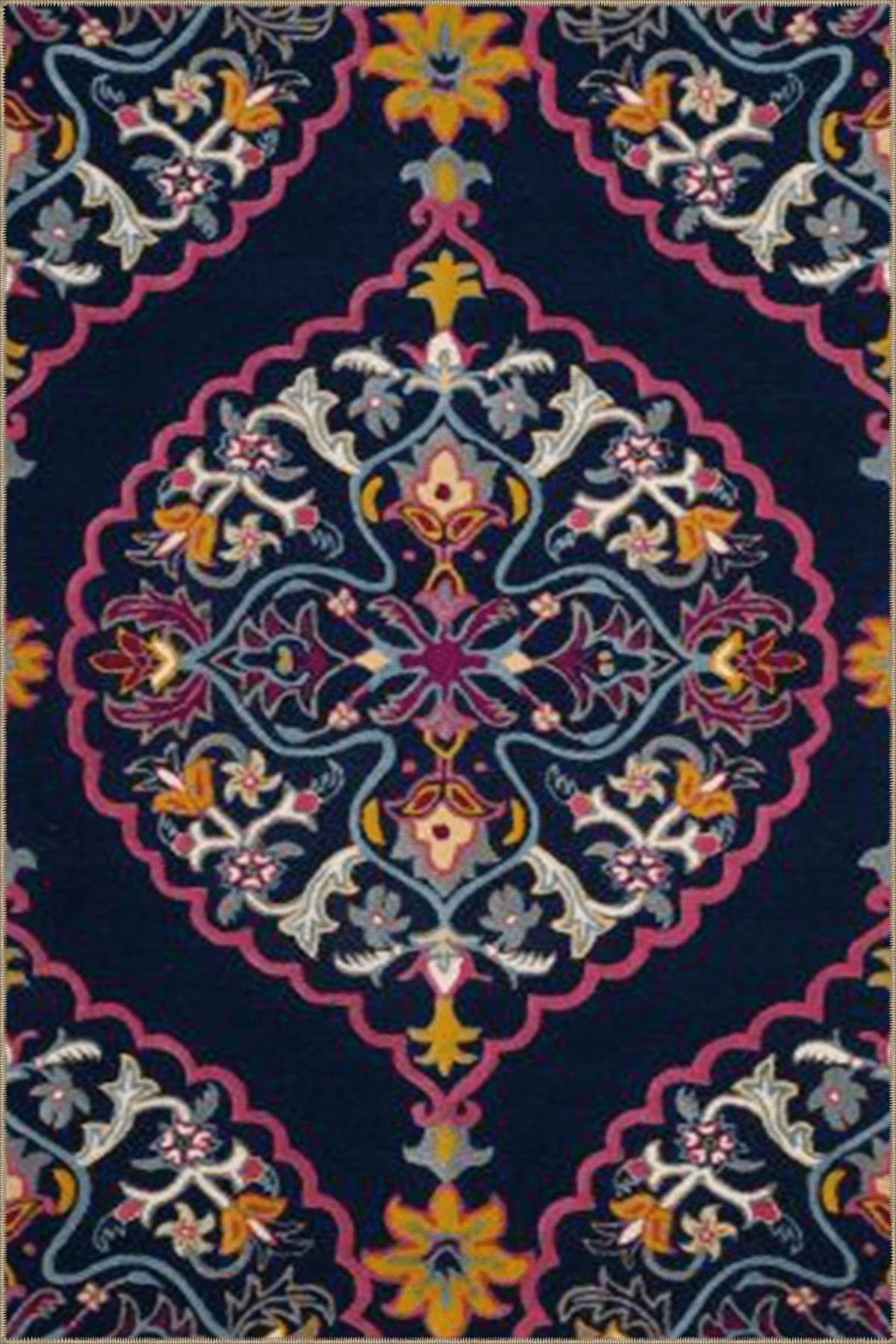 Lacivert Pembe Temalı Geleneksel Motif Çiçek Desenli Vintage Dekoratif Halı 4703