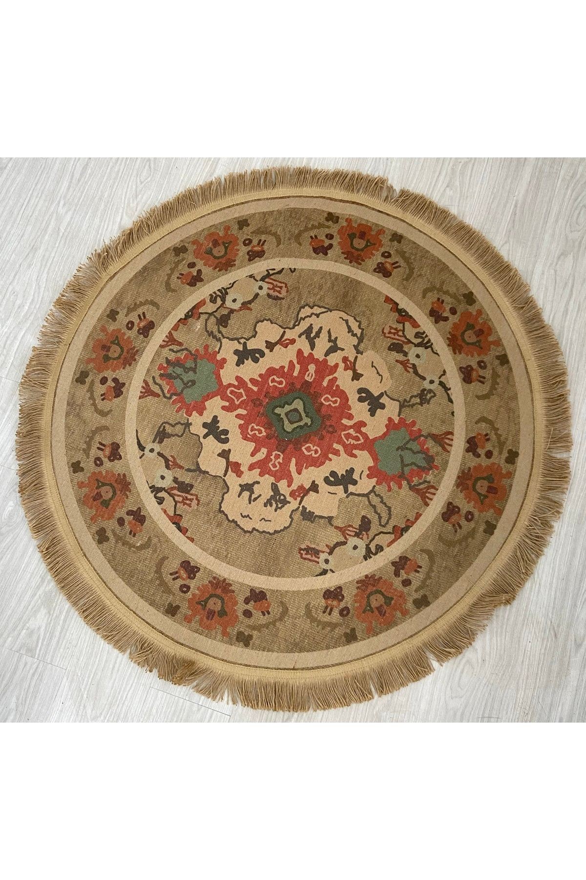 Jüt Marakesh Kilim 5014 Renkli Etnik Baskılı Yuvarlak Püsküllü Jüt Kilim