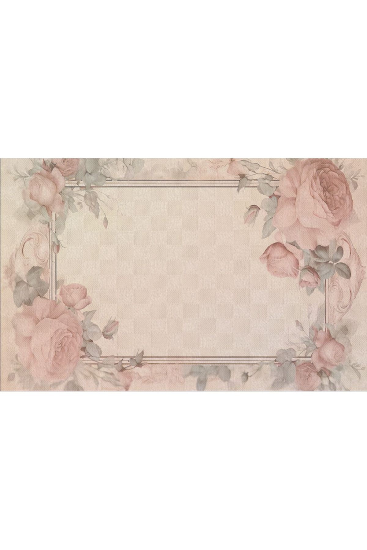 Pudra Pembe Temalı Çiçek Gül Desenli Modern Dekoratif Banyo Paspası 90×60
