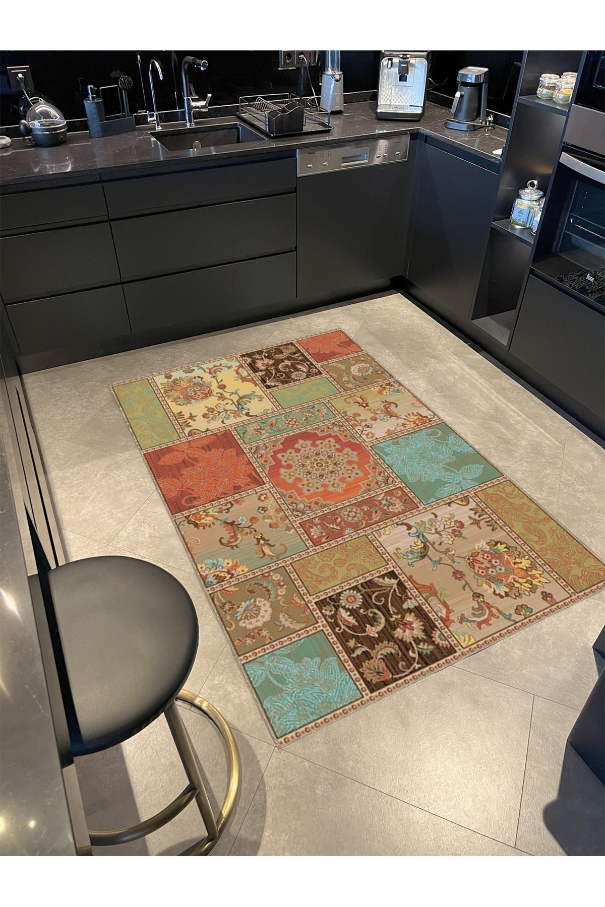 Floral Temalı Çok Renkli Motifli Çiçek Desenli Vintage Dekoratif Halı 4845