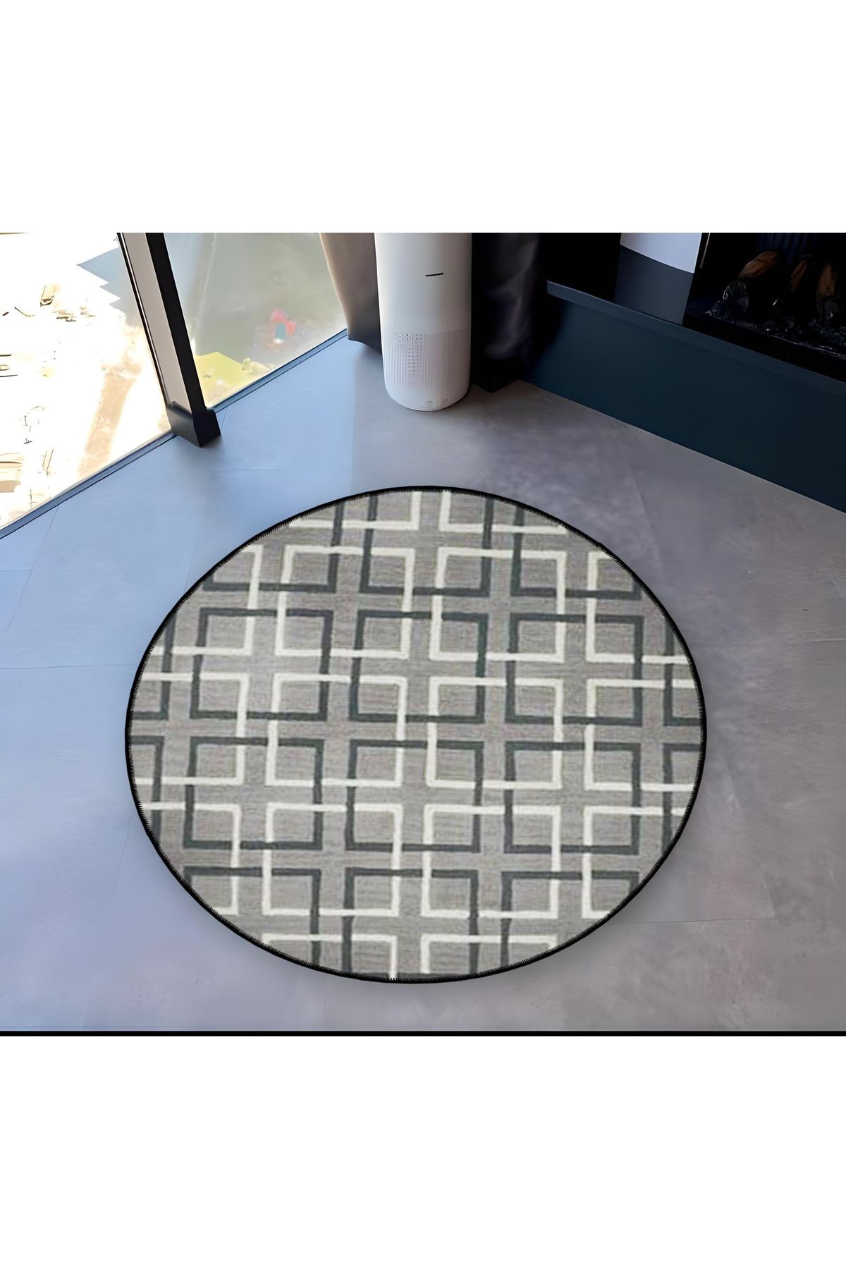 Mira Yuvarlak Gri Tonlarda Geometrik  Şekil Detaylı Dokuma Taban Modern Dekoratif Halı 5554