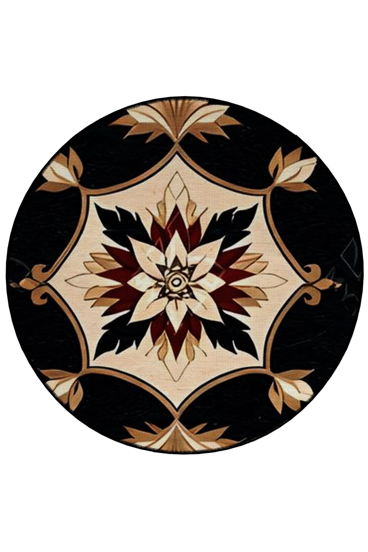 Kahve Bej Tema Çiçek Desenli Yuvarlak Dokuma Taban Vintage Dekoratif Halı 6075
