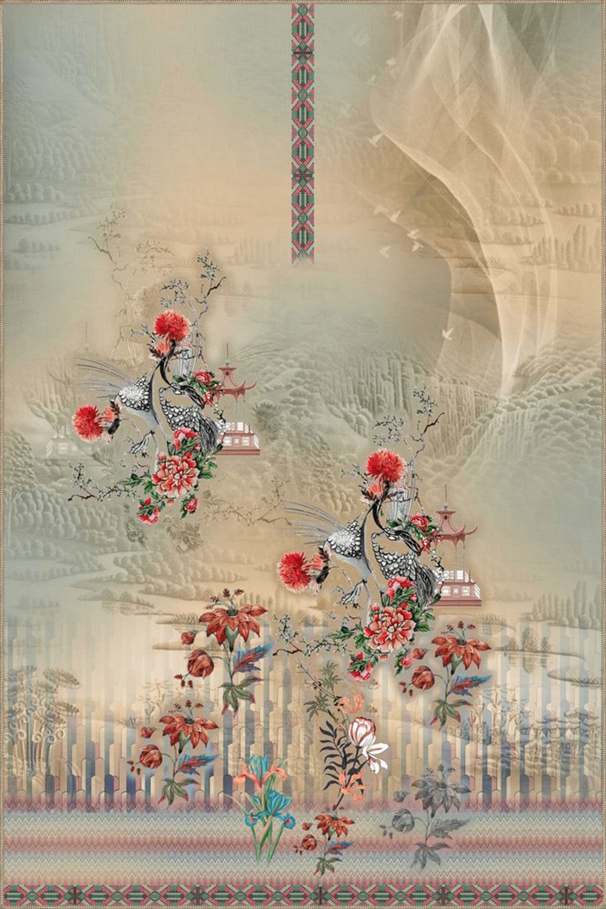 Floral Temalı Çok Renkli Soyut Motifler Çiçek ve Bulut Desenli Modern Dekoratif Halı 4858