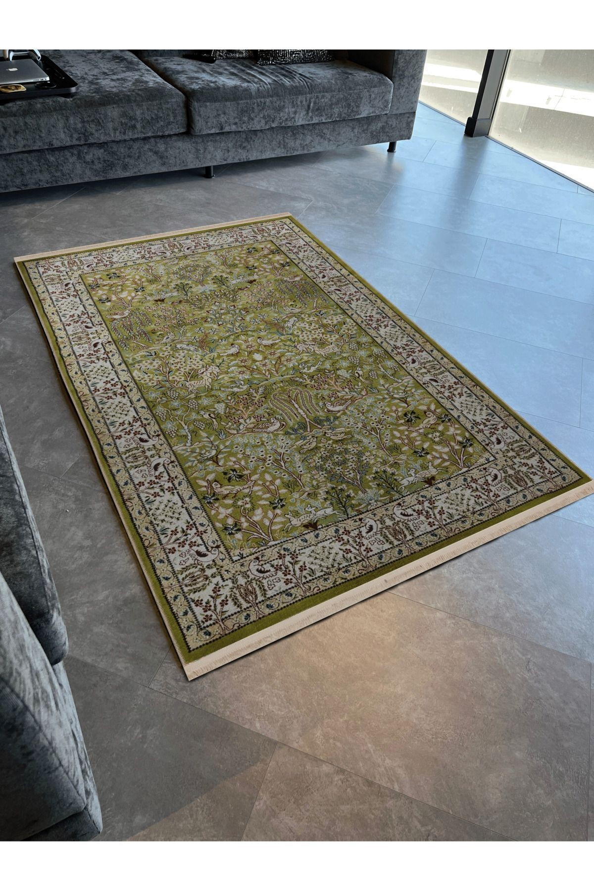 Yeşil Bej Temalı Geleneksel Motif Etnik Çiçek Desenli Kreatif Vintage Dekoratif Halı 2782