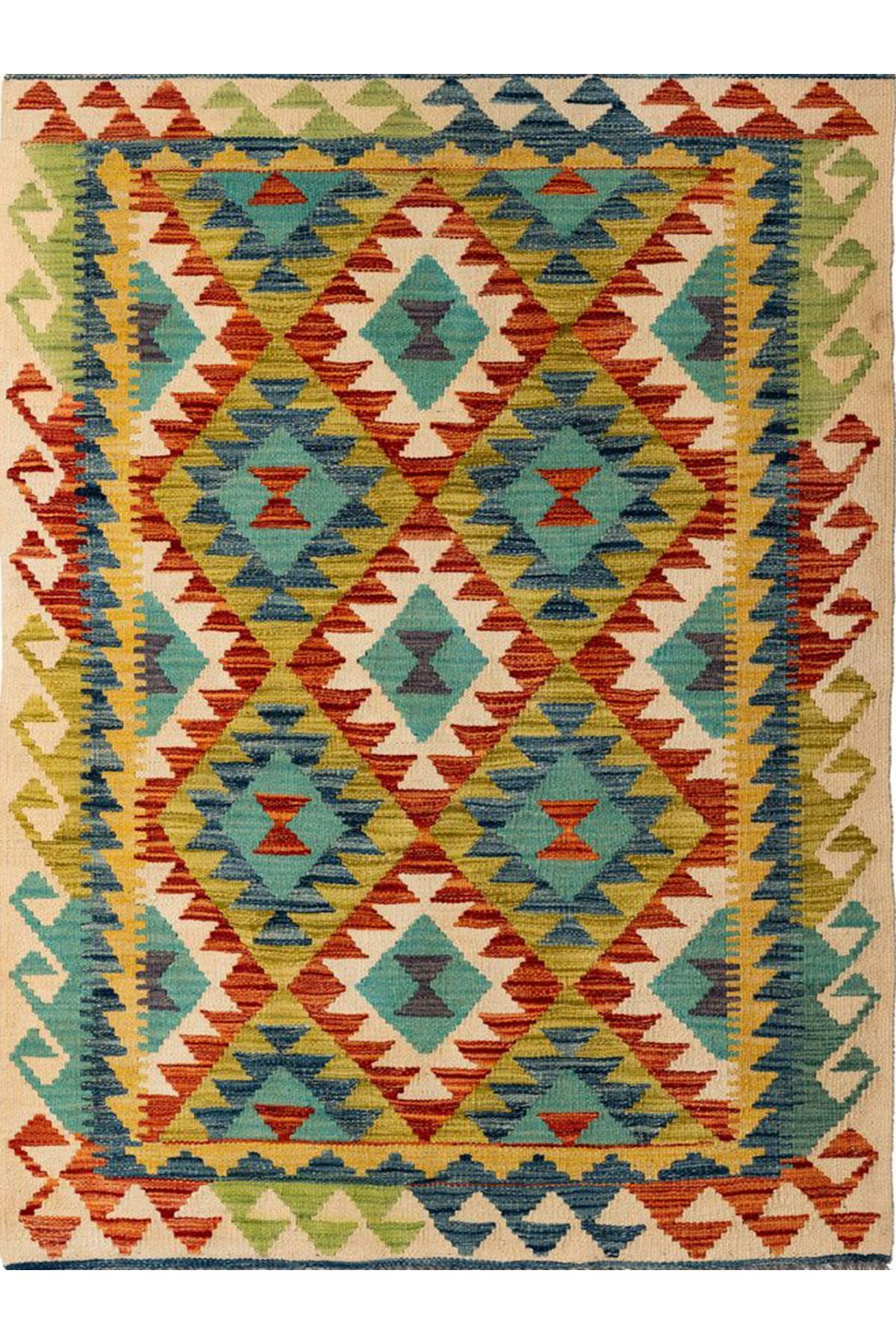 İnci Koleksiyonu Çok Renkli Etnik Geometrik Desenli Dokuma Taban Vintage Dekoratif Halı inci03