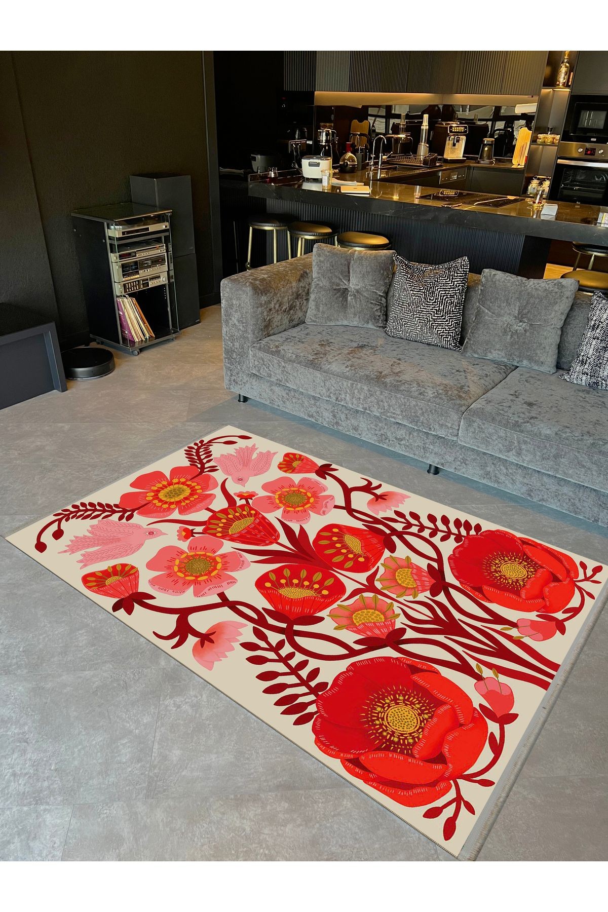 Barcelona Koleksiyonu Kırmızı Tonlarda Floral Gül Desenli Modern Dekoratif Halı 13
