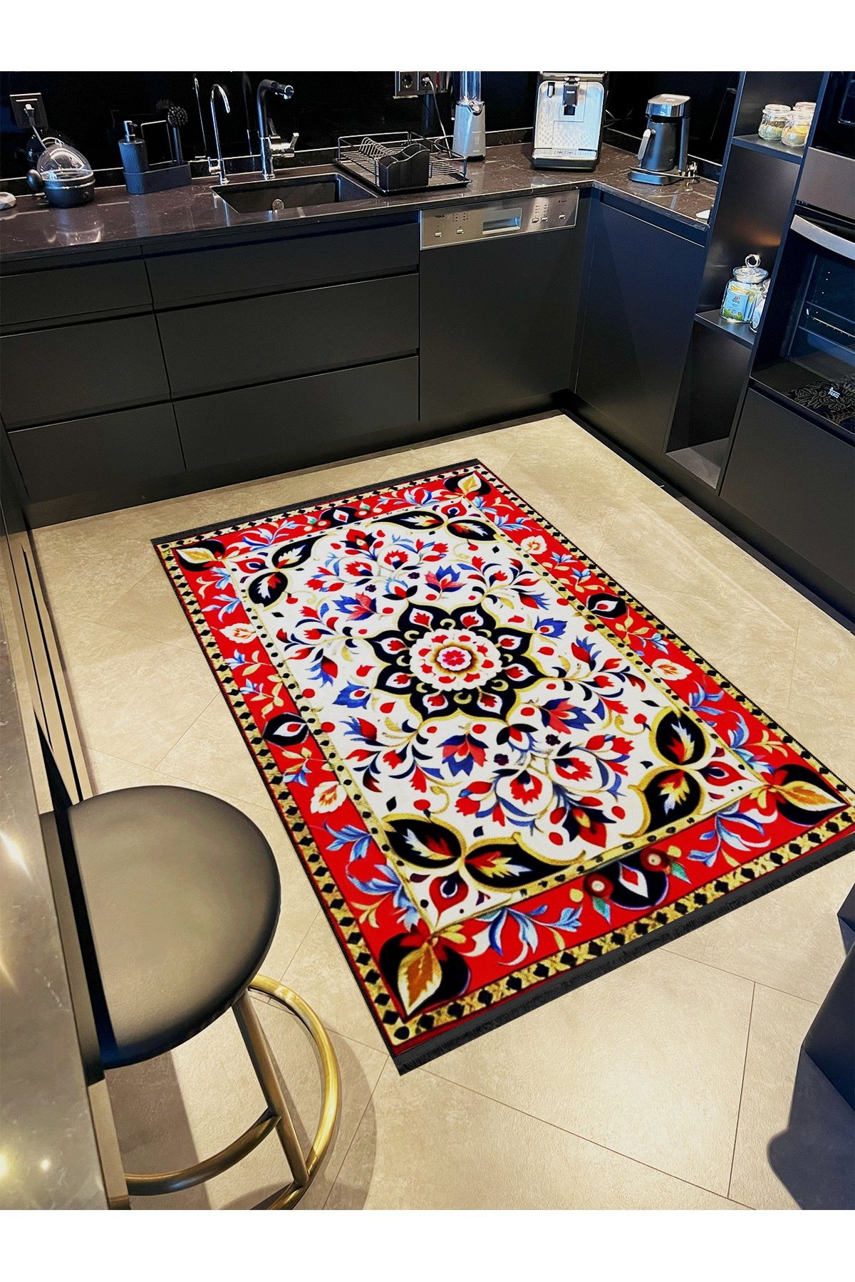 Kırmızı Bordür Detaylı Mavi Bej Çiçek Detaylı Antik Tasarım Serisi Modern Dekoratif Halı antik169
