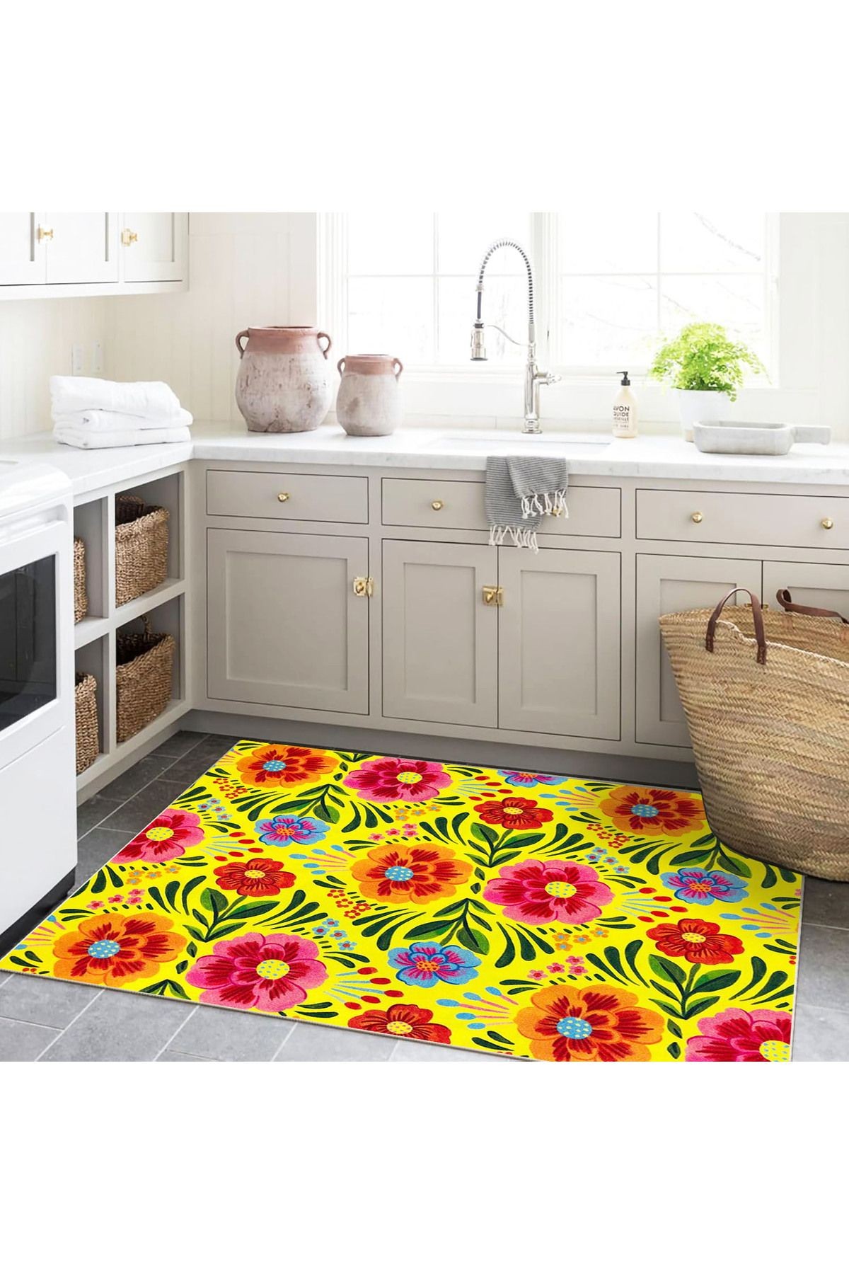 Kemal Koleksiyonu Sarı Temalı Floral Çiçek Figürleri Desenli Dokuma Taban Modern Dekoratif Halı 21
