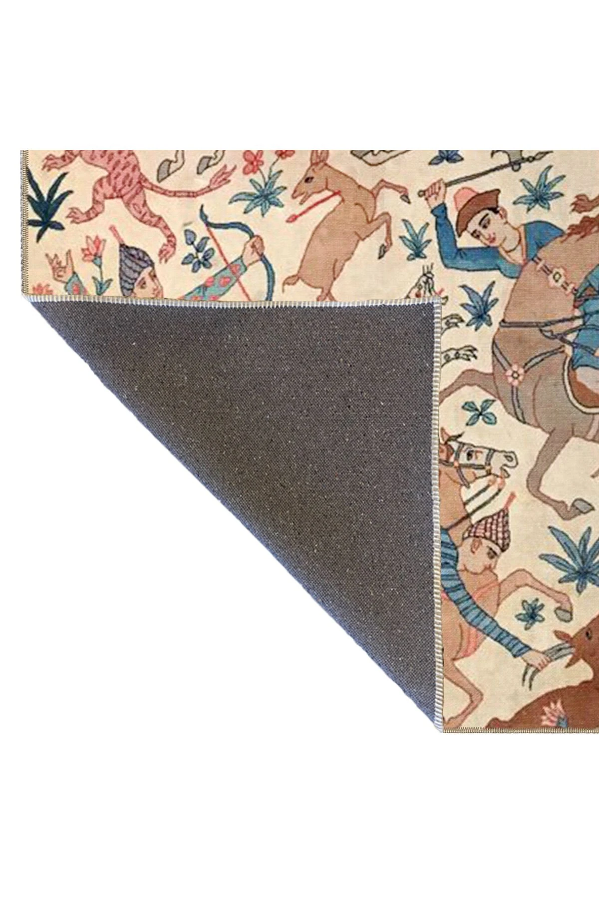 Krem Tonlarda Ağaçlı Hayvanlı Desenli Dokuma Taban Halı miravip395