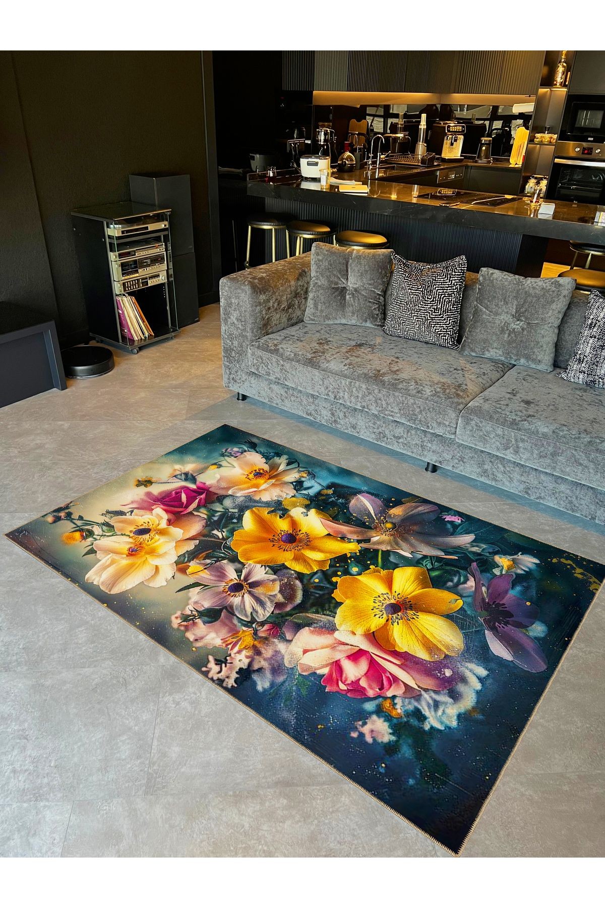 Semih Koleksiyonu Sürrealistik Temalı Floral Çiçekler Desenli Dokuma Taban Modern Dekoratif Halı 01