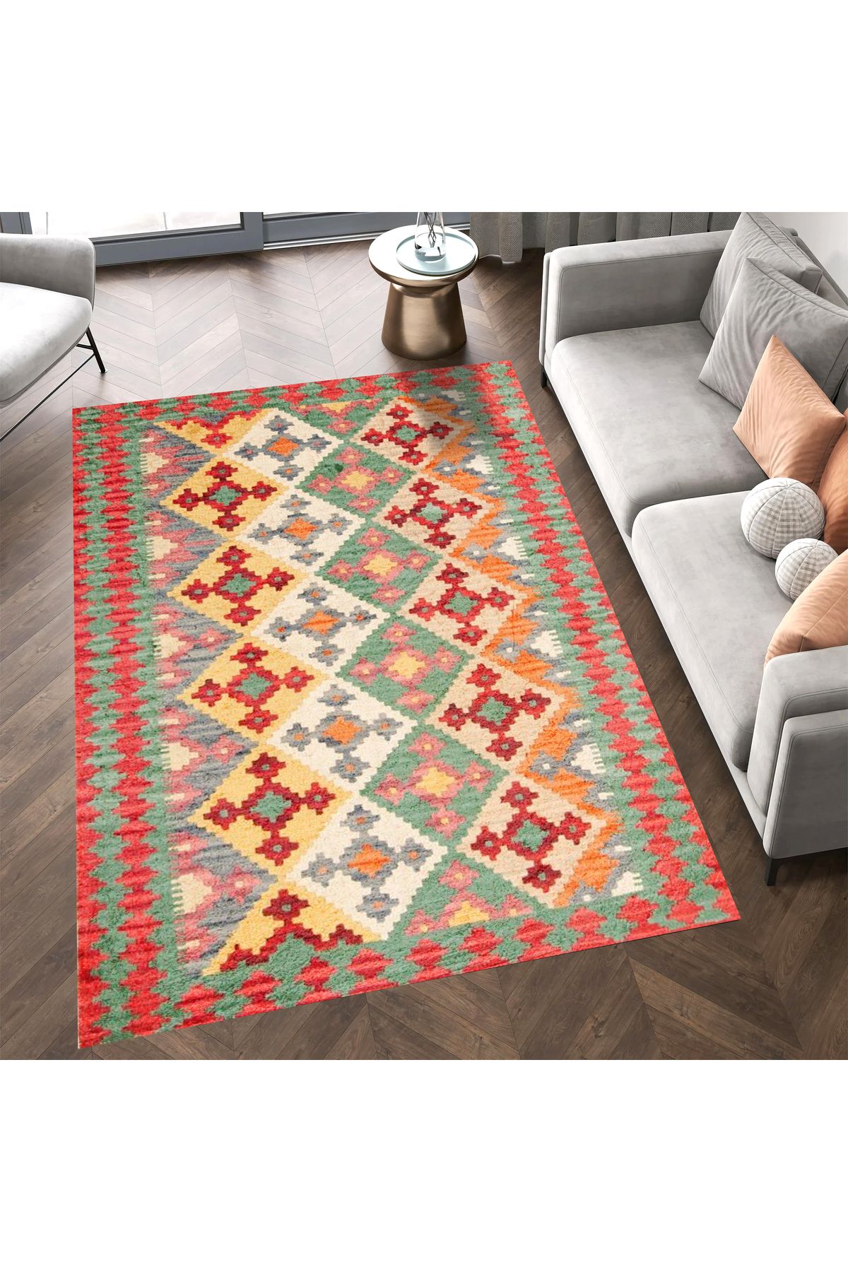 Aysu Koleksiyonu Turuncu Yeşil Etnik Desenli Dokuma Taban Modern Dekoratif Halı aysu31