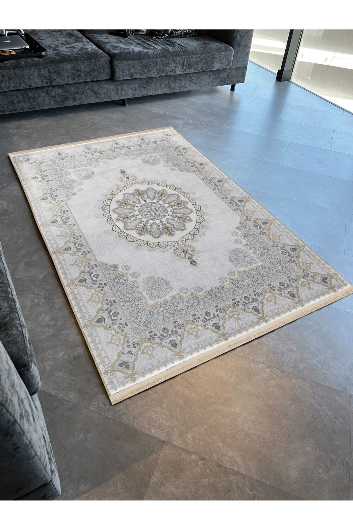 Bej Gri Temalı Geleneksel Motif Etnik Desenli Kreatif Vintage Dekoratif Halı 2391
