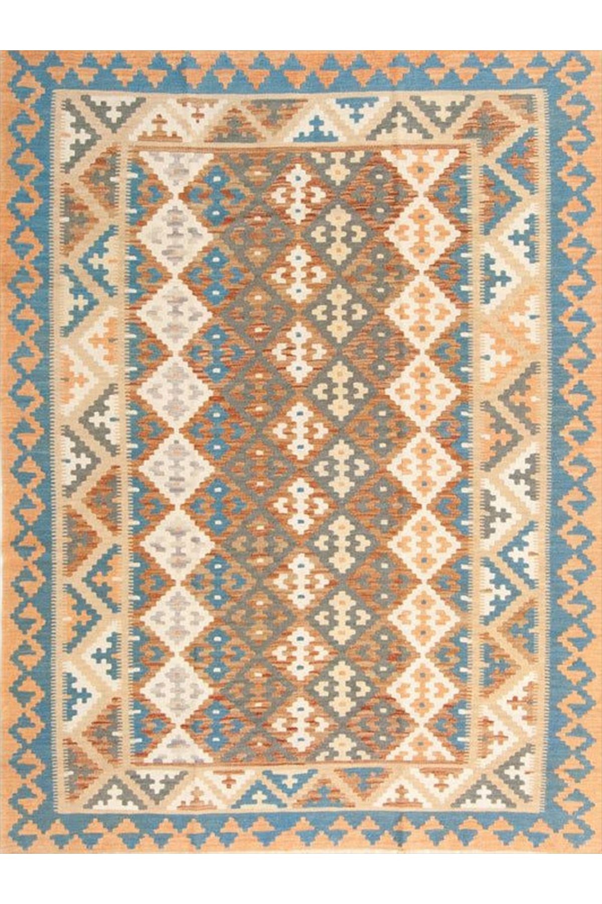 Aysu Koleksiyonu Mavi Bej Etnik Desenli Dokuma Taban Modern Dekoratif Halı aysu35