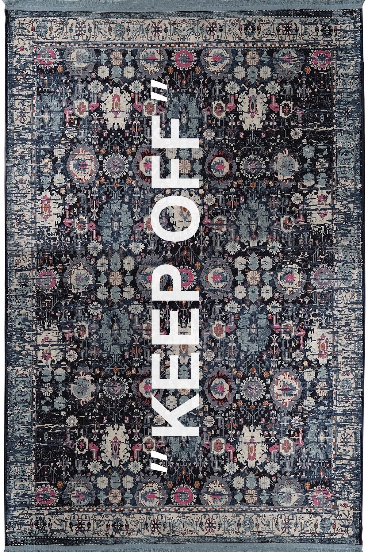 Keep Off Mira 2105 Vintage Lacivert Desenli Dokuma Taban Halı