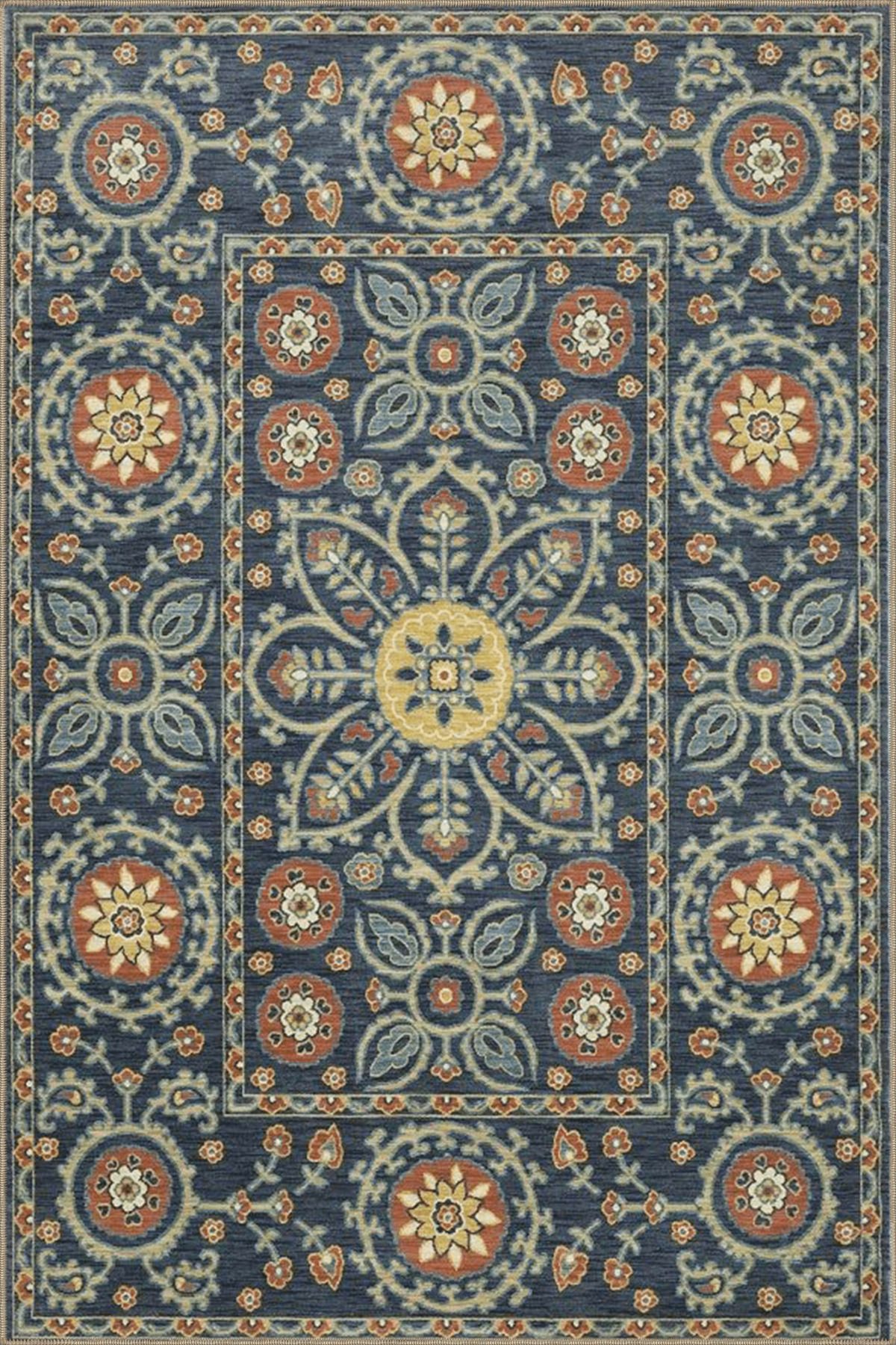 Lacivert Temalı Geleneksel Motif Etnik Çiçek Desenli Vintage Dekoratif Halı 3911