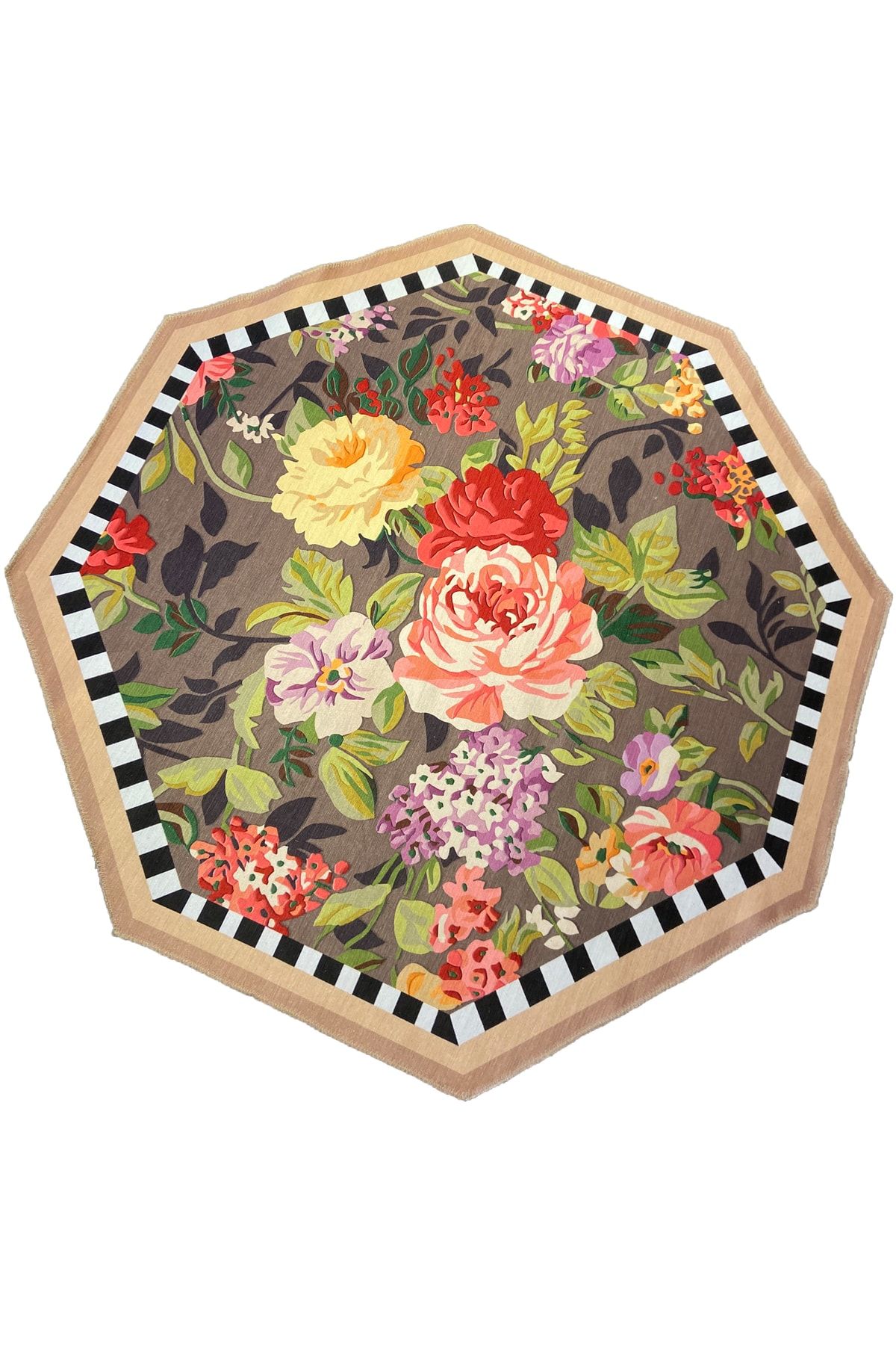 Çiçek Desen Dekoratif Kaymaz Taban Çap Yıkanabilir Halı Mira 805