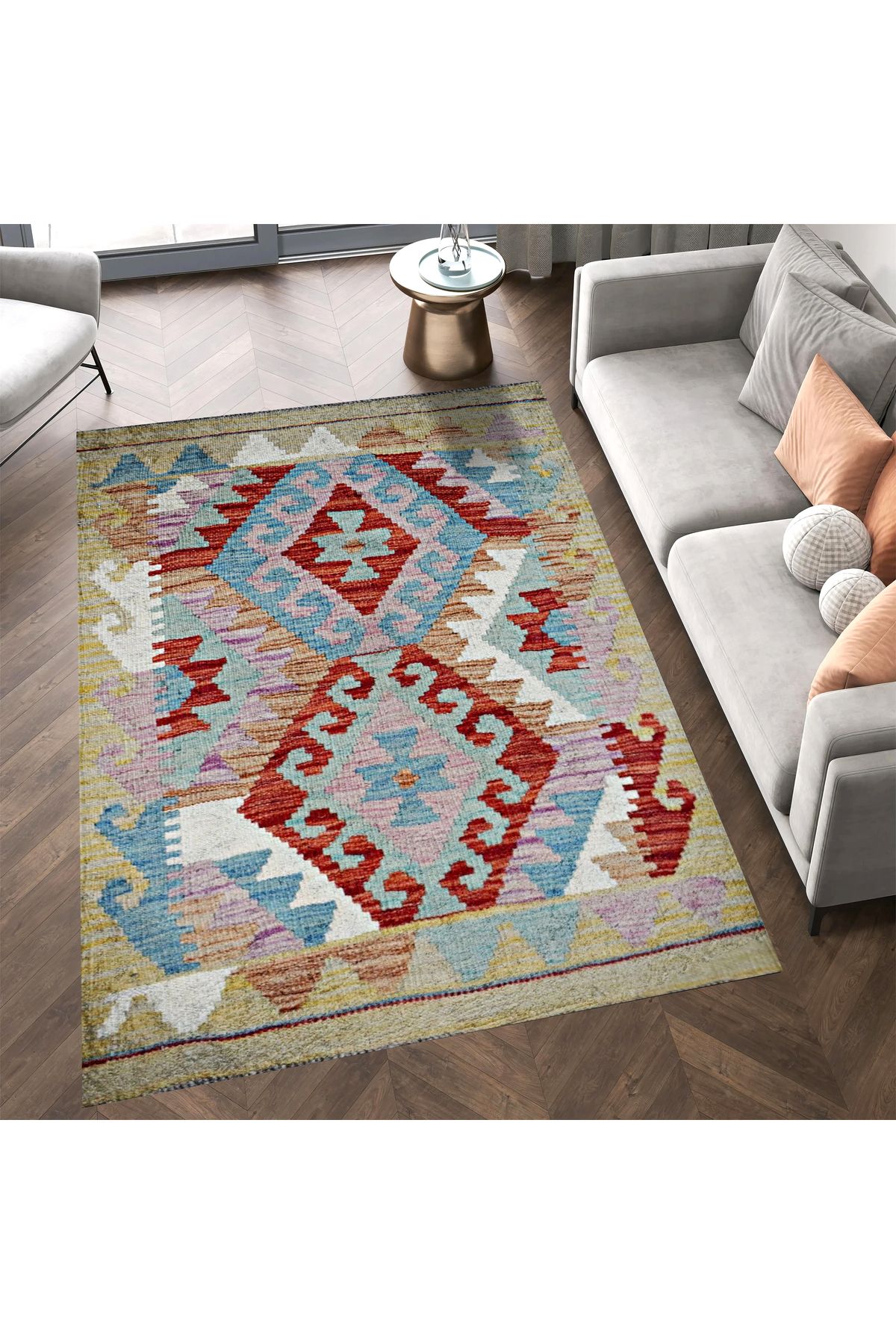 Mete Koleksiyonu Çok Renkli Geometrik Motifler Desenli Vintage Dekoratif Halı 14