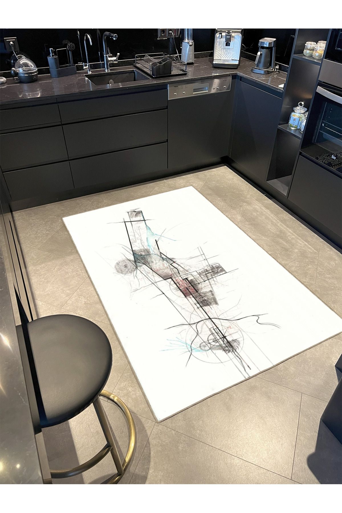 Krem Müzikal Temalı Boyalı Desenli Dekoratif ve Yıkanabilir Halı miravip9333