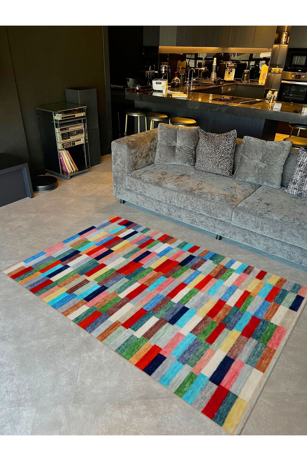 Emre Koleksiyonu Çok Renkli Geometrik Patchwork Detay Desenli Dokuma Taban Modern Dekoratif Halı 29