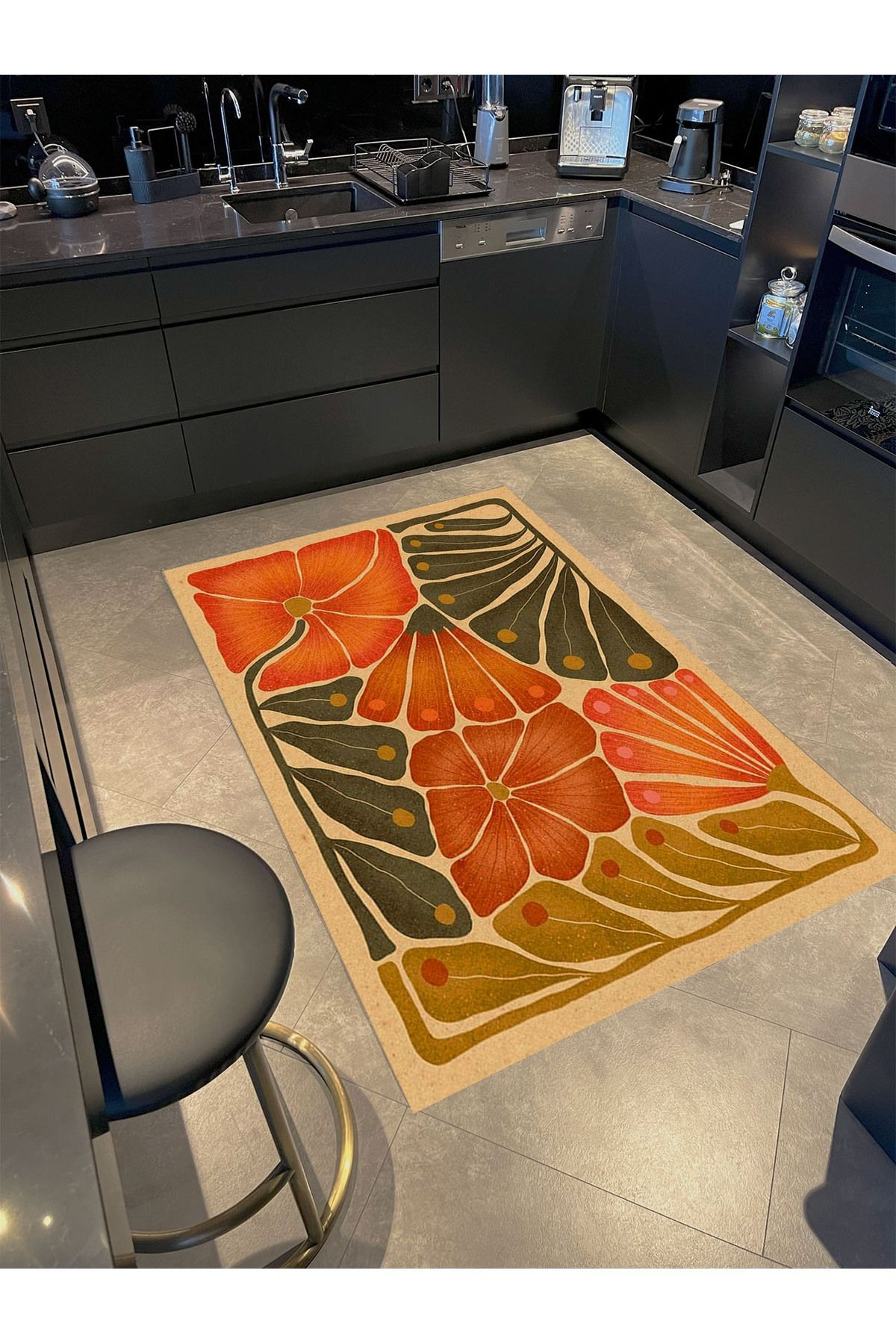 Kubilay Koleksiyonu Turuncu Temalı Çiçek Yaprakları Desenli Dokuma Taban Modern Dekoratif Halı 04