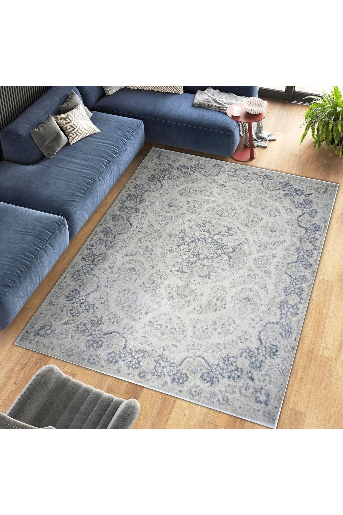 Mete Koleksiyonu Gri Temalı Çiçek Motifleri ve Geleneksel Desenli Vintage Dekoratif Halı 24