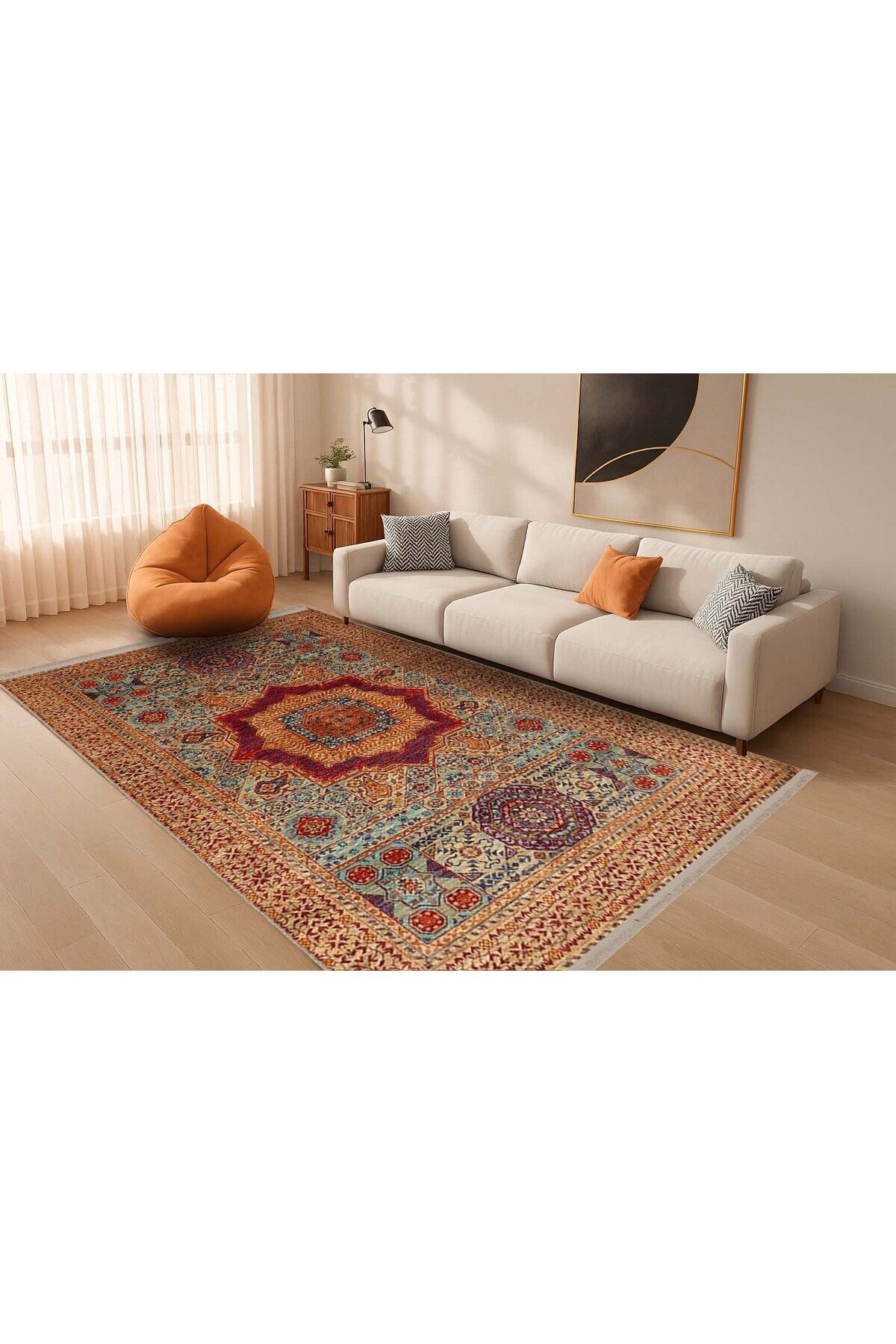 Memlük Koleksiyonu Turuncu Bej Tema Etnik Motif Vintage Desenli Dokuma Taban Dekoratif Halı memlük12