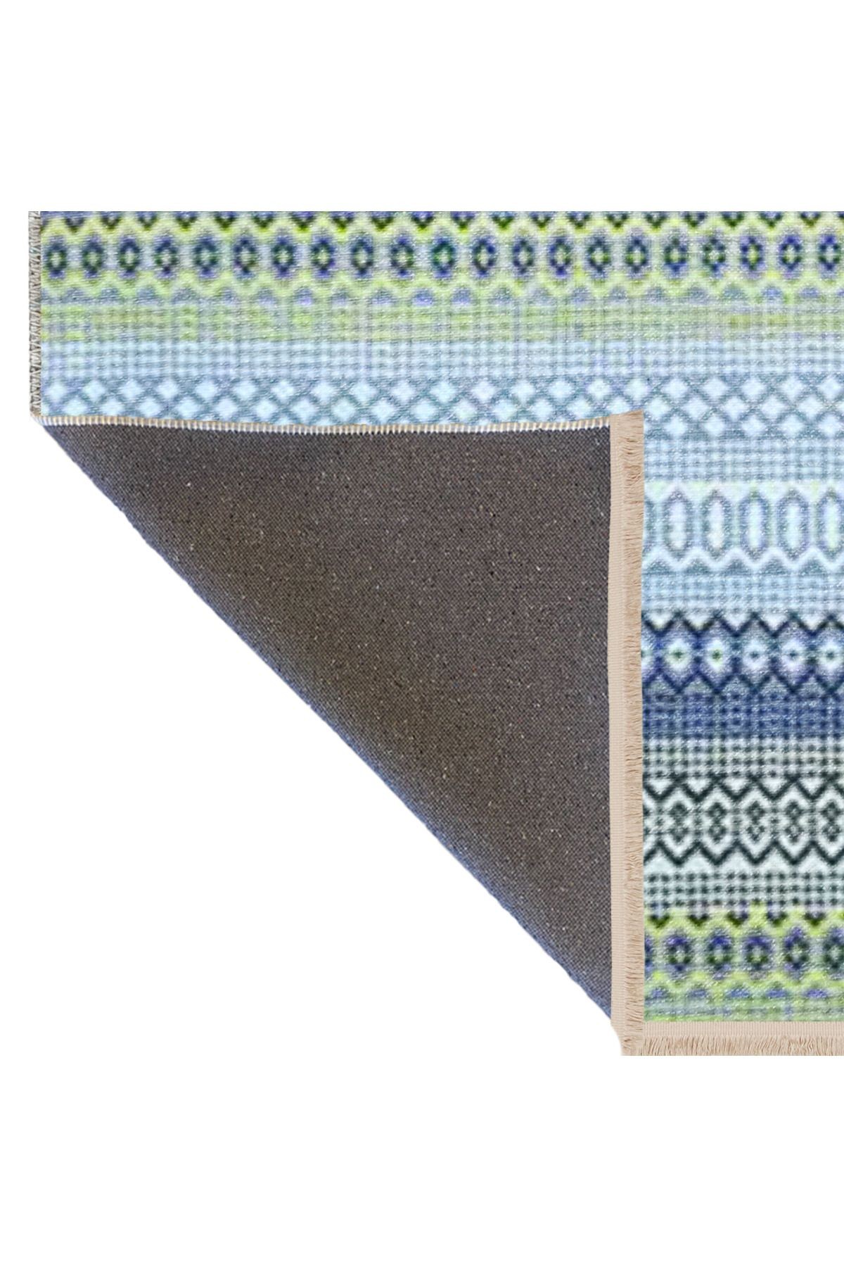 Mavi Temalı Şerit Geometrik Desenli Saçaklı Vintage Dekoratif Halı 3172