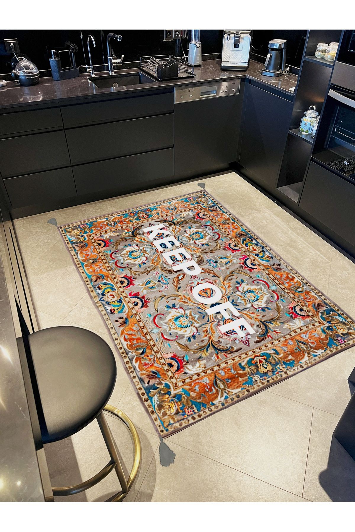 Tokyo Koleksiyonu Gri Temalı Keep Off Yazılı Floral Desenli Dokuma Taban Vintage Dekoratif Halı 23