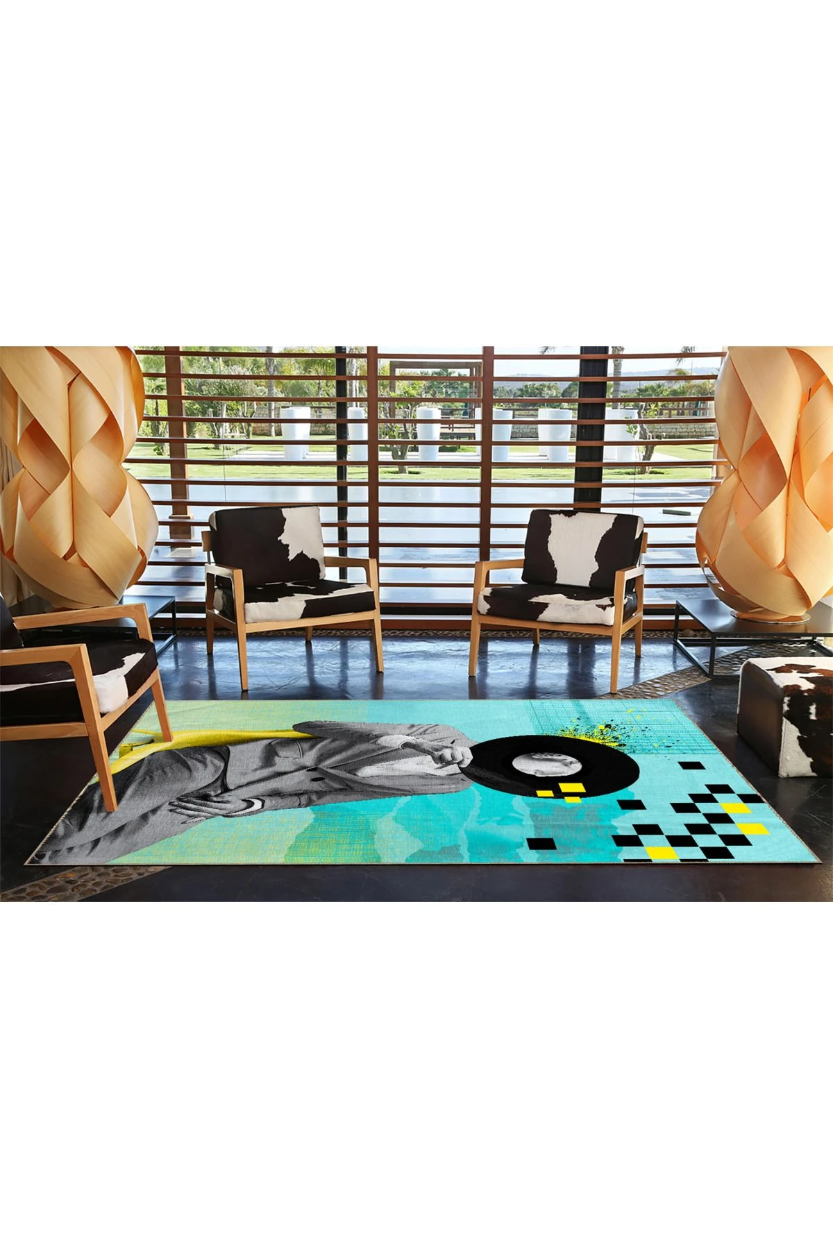 Turkuaz Gri Temalı İnsan Figürü Desenli Modern Dekoratif Halı 3480