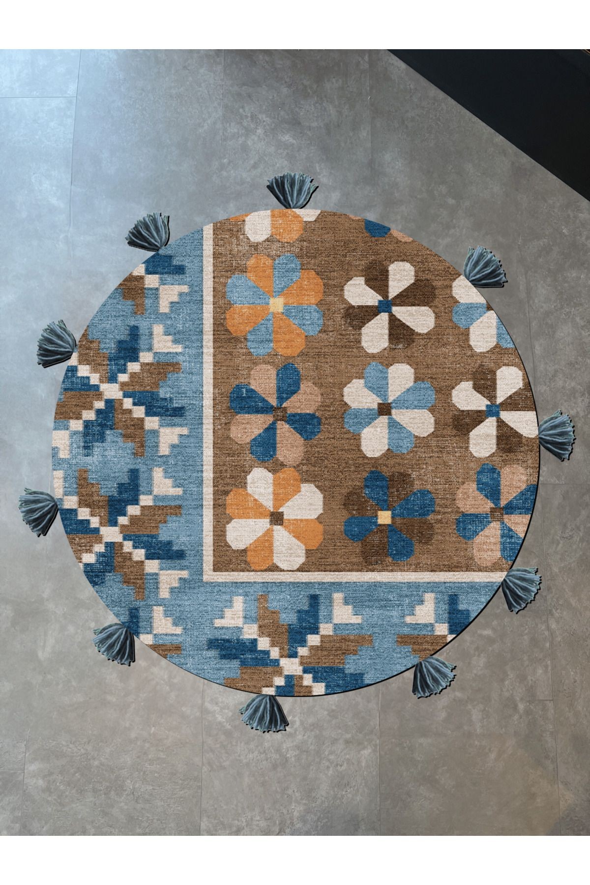 Kahve Mavi Temalı Karışık Şekil Desenli Kreatif Modern Dokuma Taban Yuvarlak Dekoratif Halı 2265