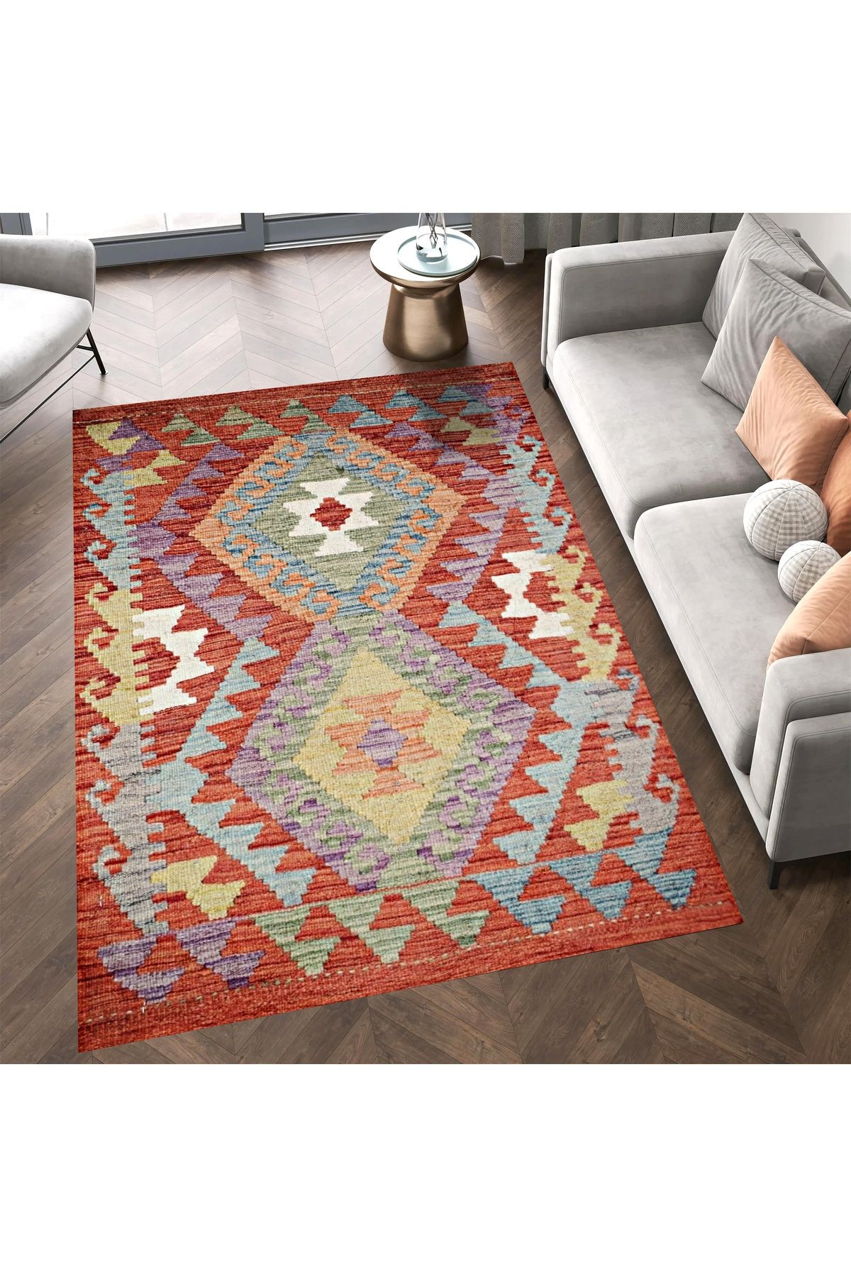 Asena Koleksiyonu Çok Renkli Geometrik Şekiller Desenli Vintage Dekoratif Halı 17