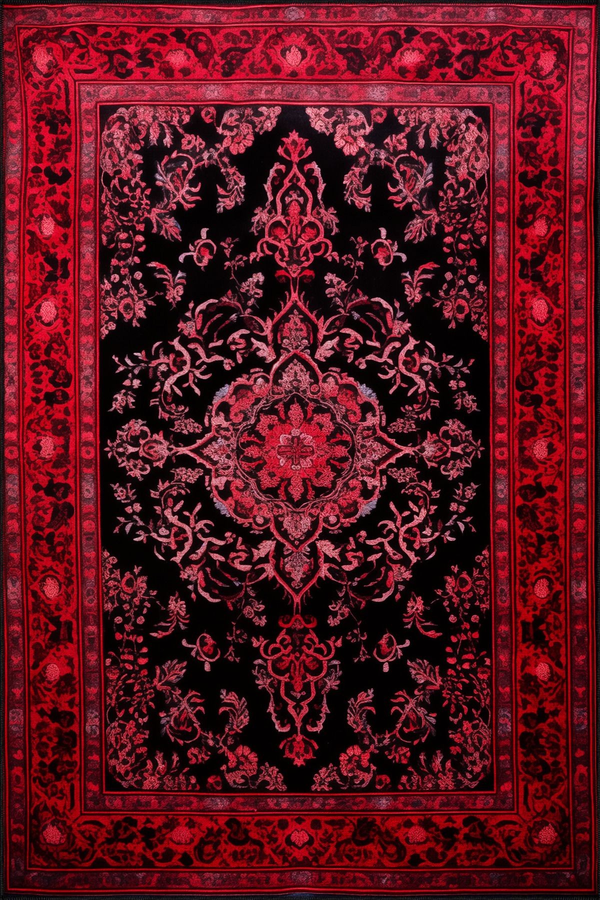Dido 2 Koleksiyonu Siyah Kırmızı Temalı Motifli Çiçek Desenli Kreatif Vintage Dekoratif Halı 3232