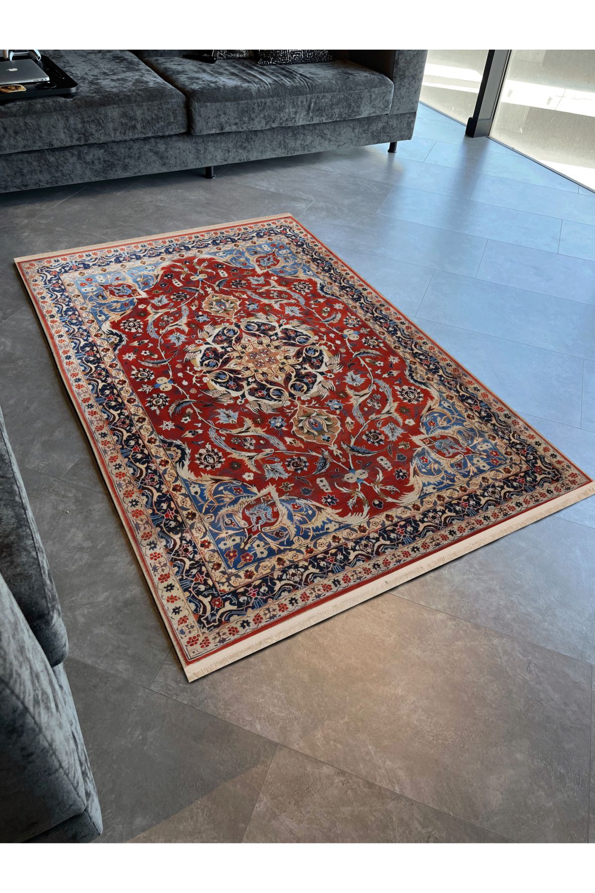 Mavi Bordo Temalı Çok Renkli Geleneksel Motif Etnik Desenli Kreatif Vintage Dekoratif Halı 2384